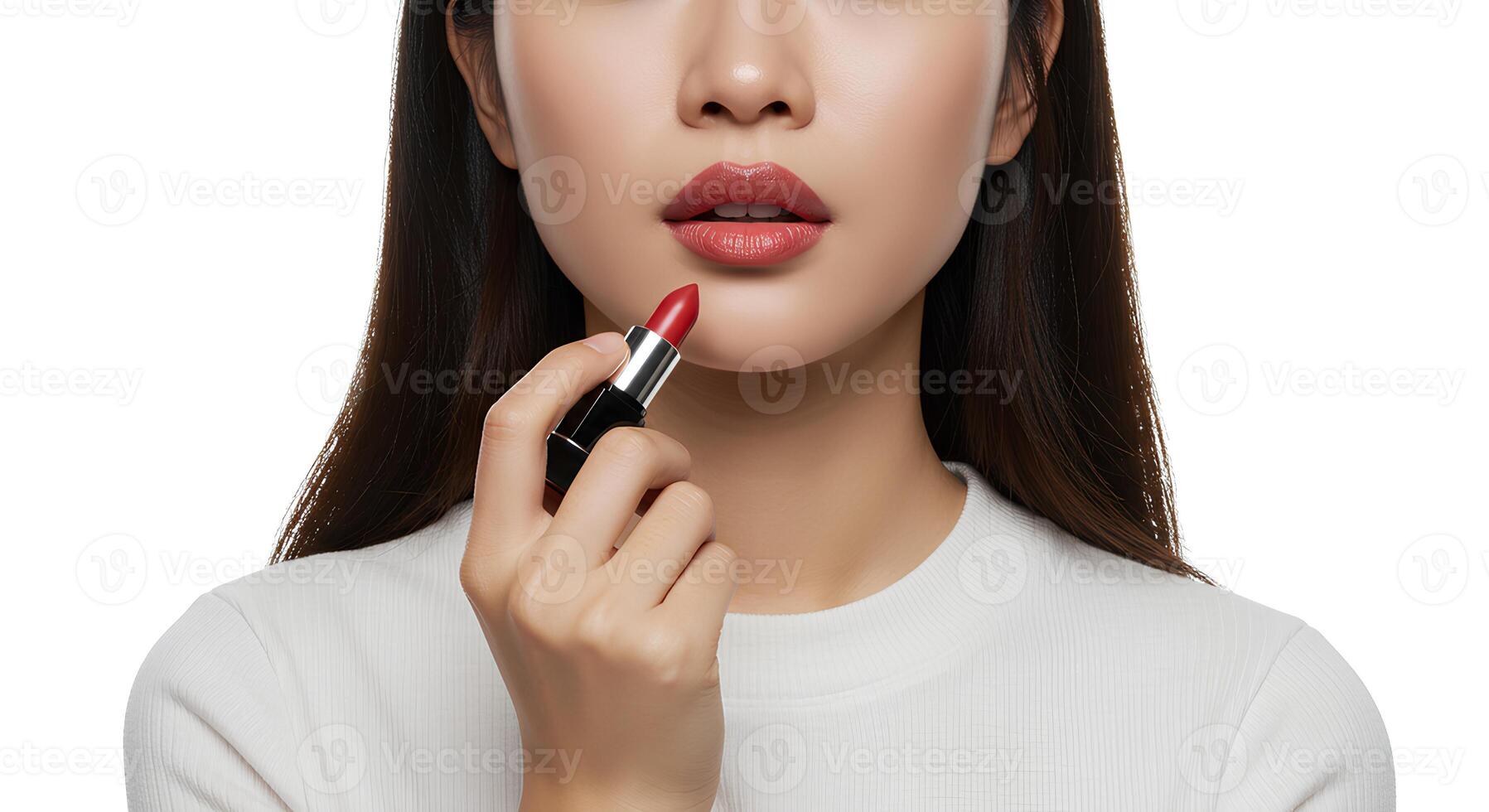 Close-up of a woman's lips as she applies a creamy, moisturizing lipstick for smooth and hydrated lips photo