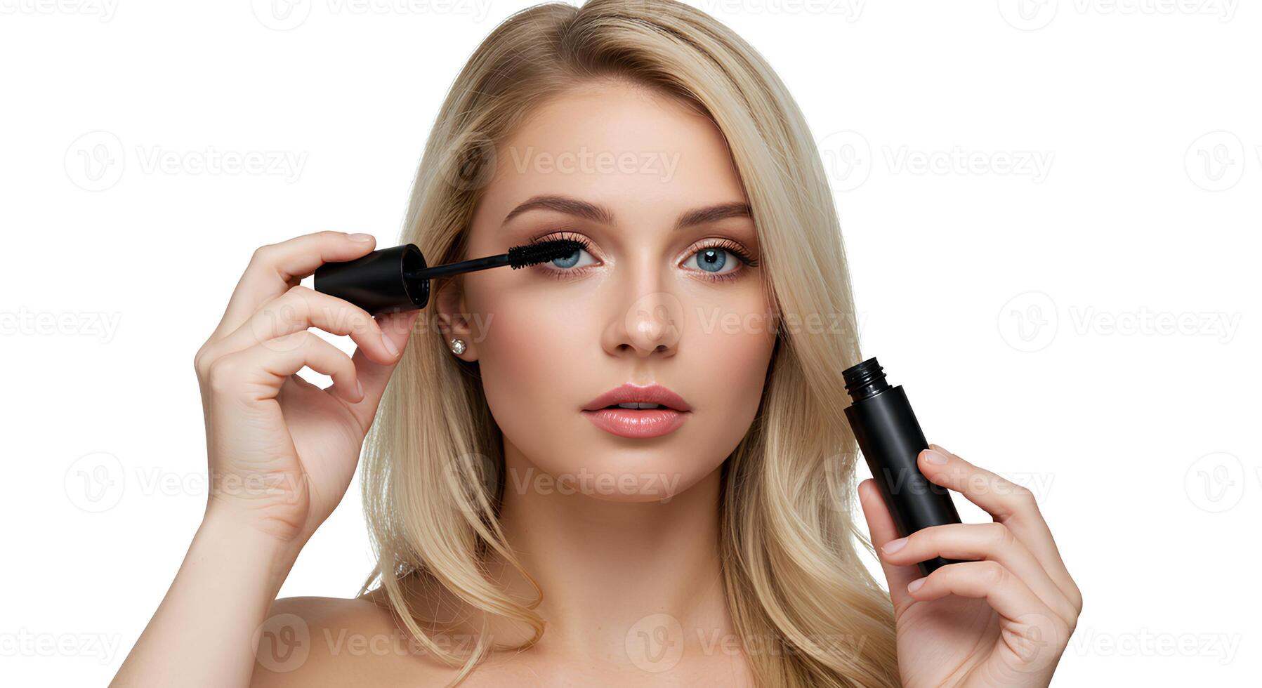 Close-up of a blonde woman with blue eyes using a mascara wand to curl and volumize her eyelashes for a flawless beauty look. Perfect for cosmetic promotions photo