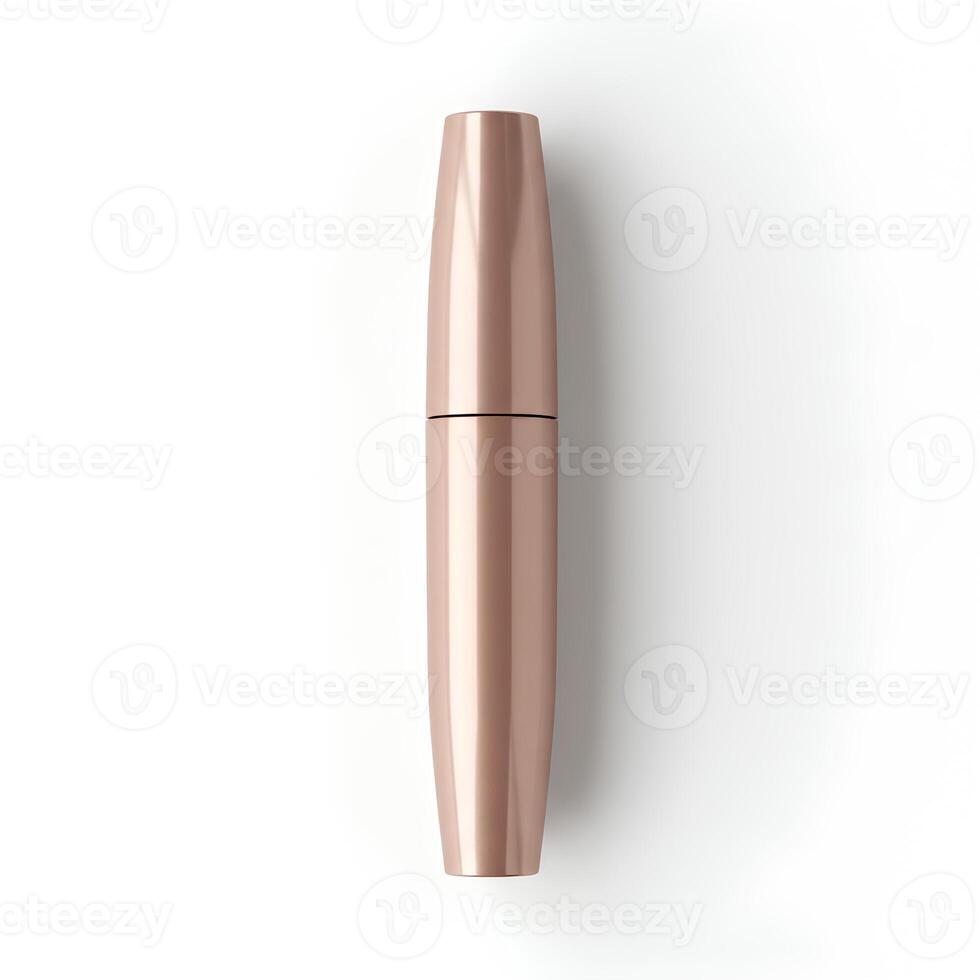 Mascara tube and wand isolated on white background top view flat lay for beauty and makeup branding photo