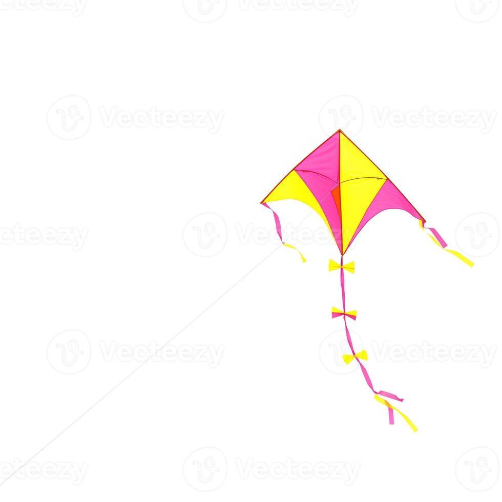 Colorful kite isolated on white background, perfect for summer and outdoor adventure themes. Bright and vibrant kite flying on a white background, symbolizing fun, freedom, and play. Diamond kite photo