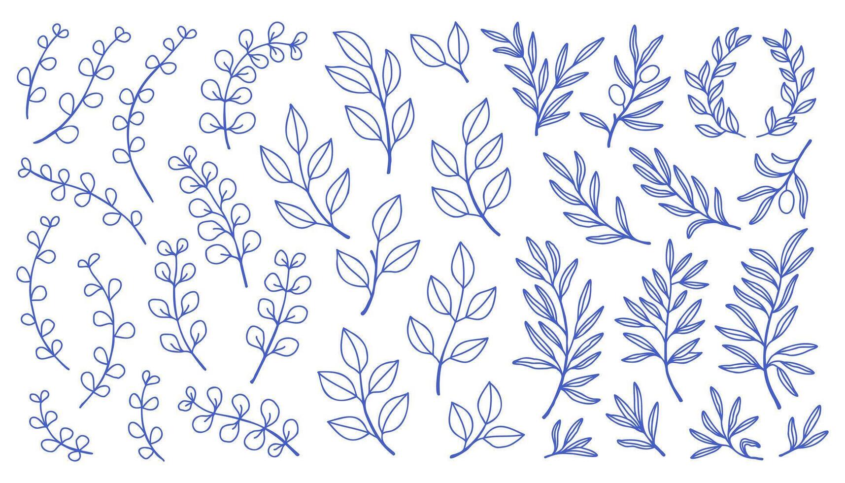 Mediterranean blue branches set. Collection of various branches with leaves hand drawn with blue contour lines on white background. Bundle of botanical design elements. vector