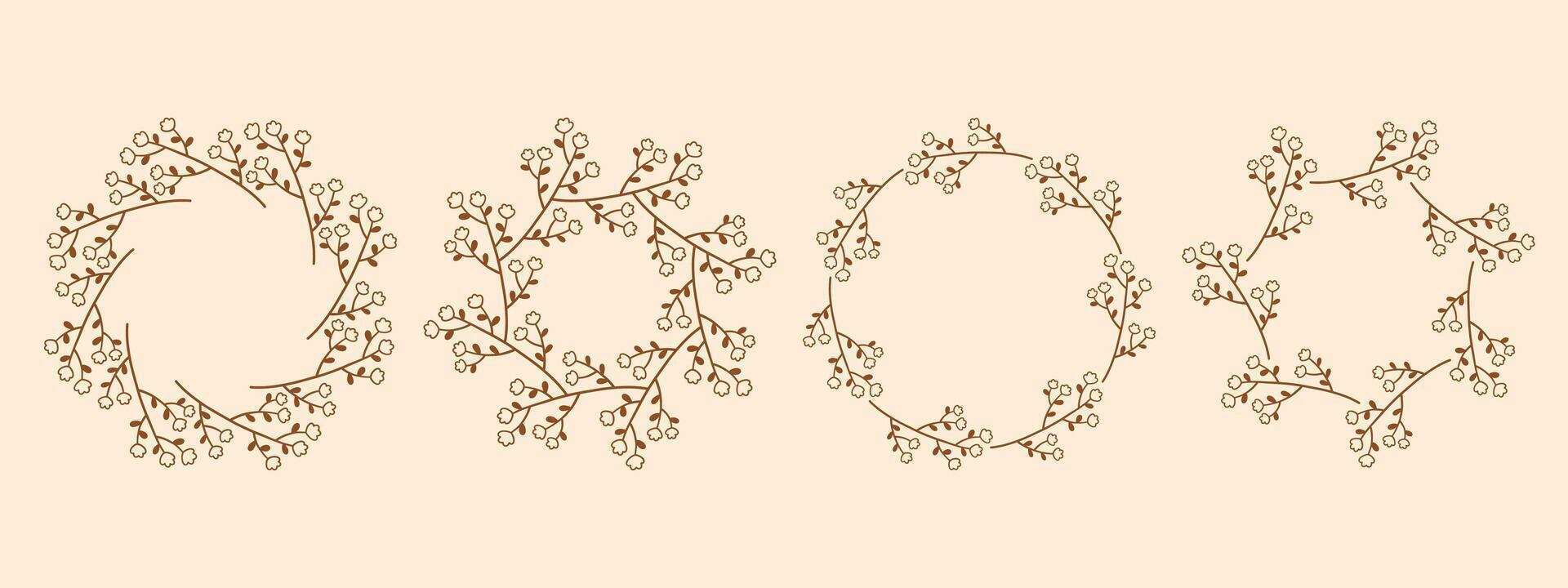 Simple flower circle frame set. Hand drawn round line border, leaves and flowers, wedding invitation and cards, logo design and posters template. Elegant minimal style floral isolated set vector