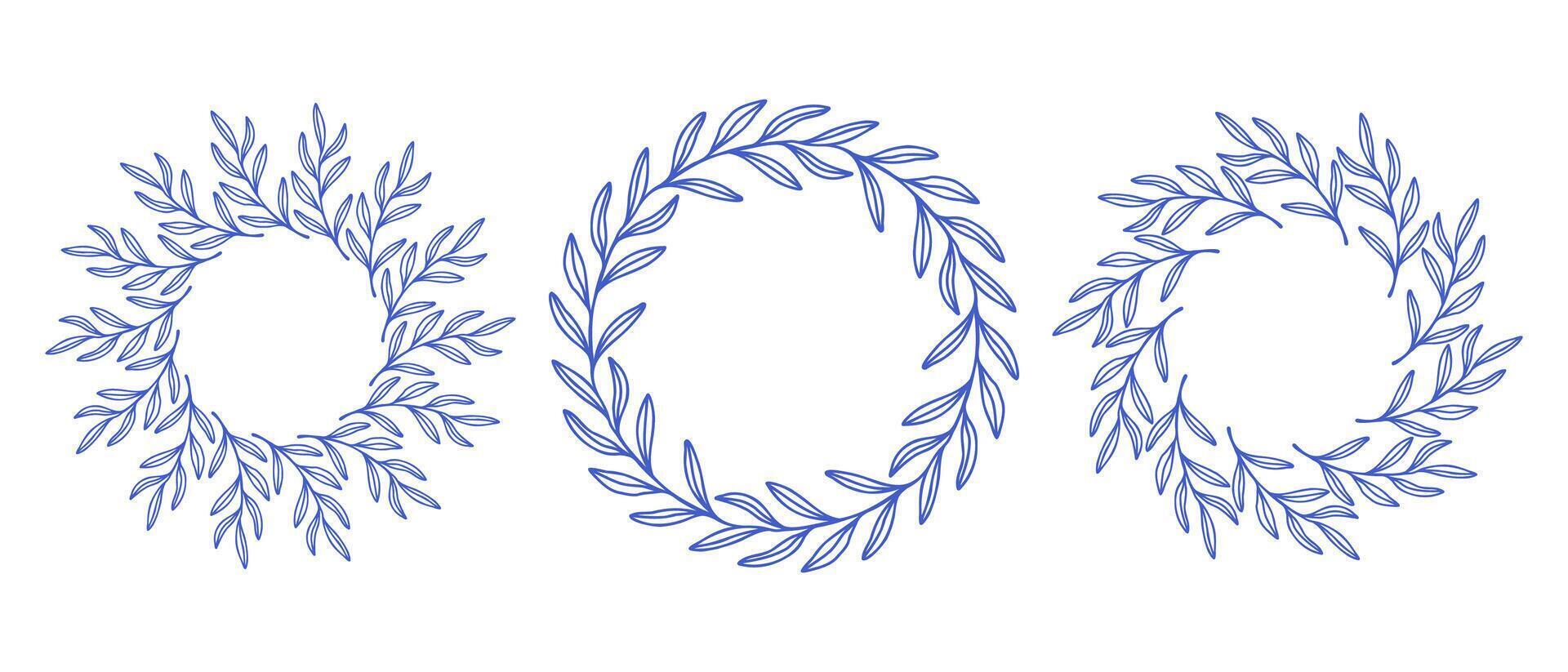 Mediterranean blue olive branches circle frame set. Hand drawn round line border, leaves and flowers, wedding invitation and cards, logo design and posters template. Elegant minimal style set vector