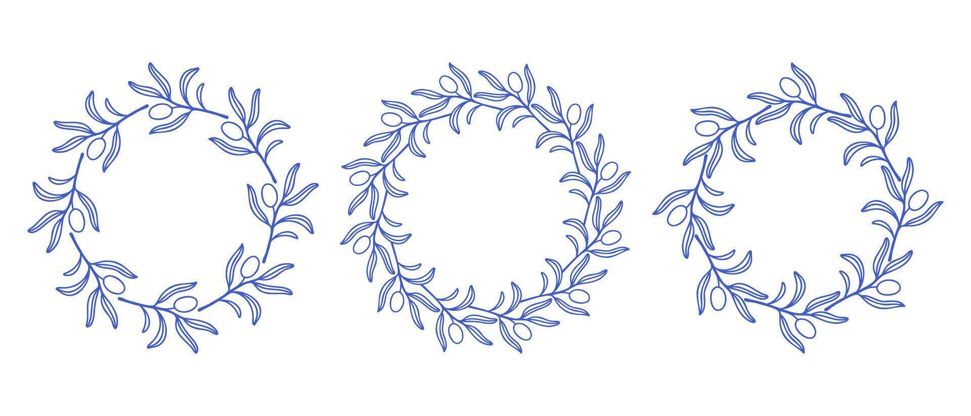 Mediterranean blue olive branches circle frame set. Hand drawn round line border, leaves and flowers, wedding invitation and cards, logo design and posters template. Elegant minimal style floral set vector