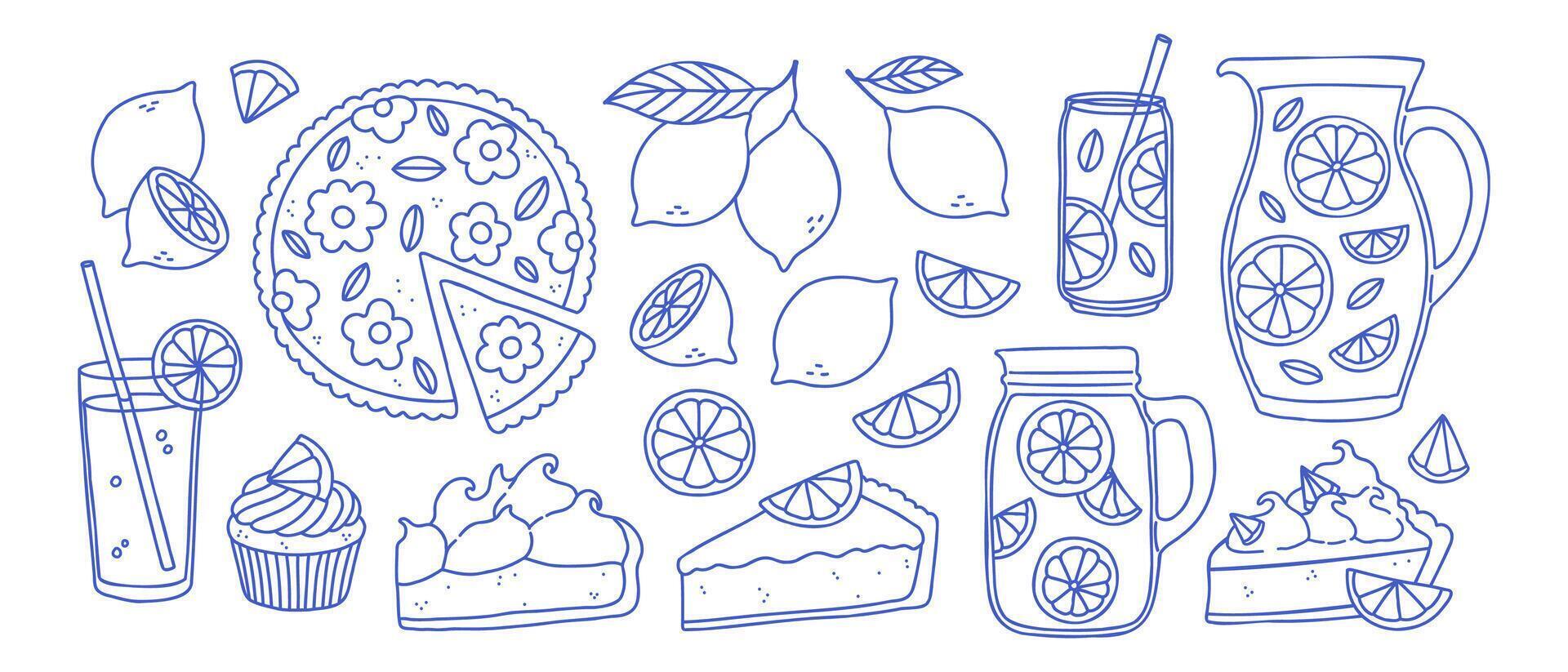 Hand drawn lemon set in line art style. Mediterranean blue lemon collection. Amalfi doodle drawing for t-shirt print, invitation, card, menu design. Italian Dolce vita summer element. vector