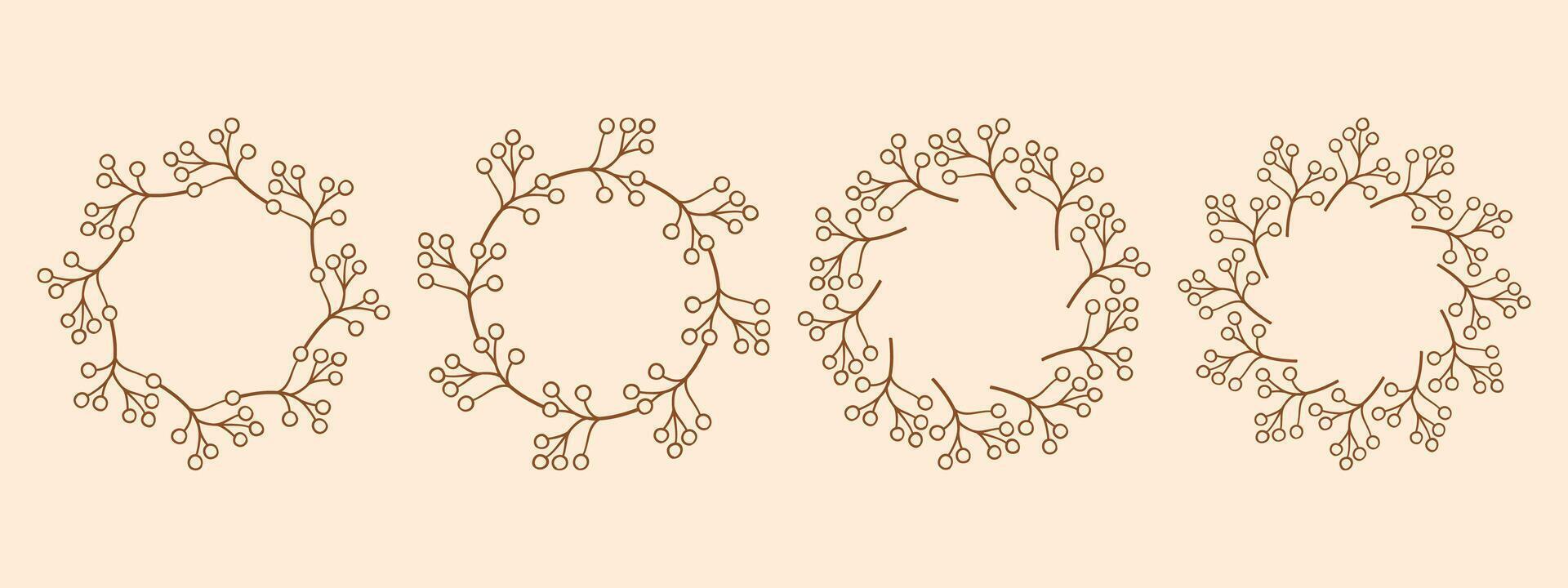 Simple flower circle frame set. Hand drawn brown round line border, leaves and flowers, wedding invitation and cards, logo design and posters template. Elegant minimal style floral set vector