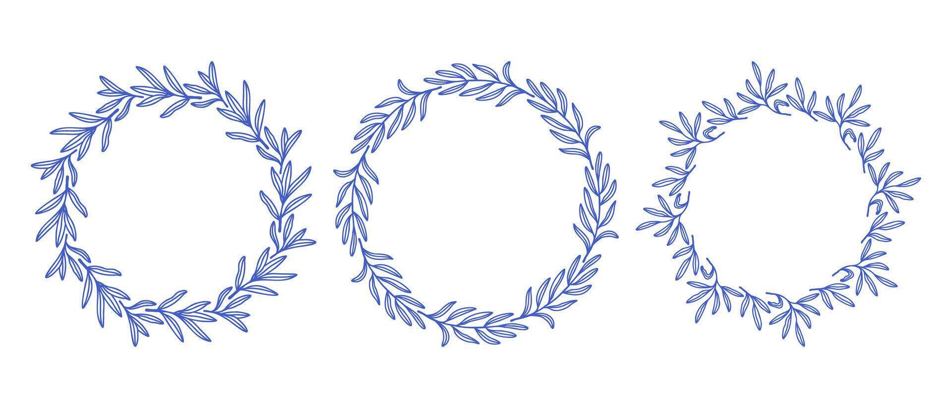 Mediterranean blue olive branches circle frame set. Hand drawn round line border, leaves and flowers, wedding invitation and cards, logo design and posters template. Elegant style floral set vector