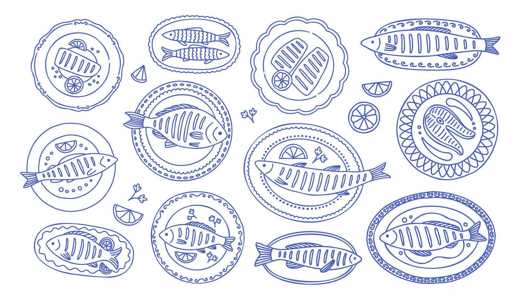 Grilled fish set in mediterranean blue. Collection of stylized, hand drawn illustration featuring various fish dishes arranged on plates. The layout is a white background and blue line art. vector