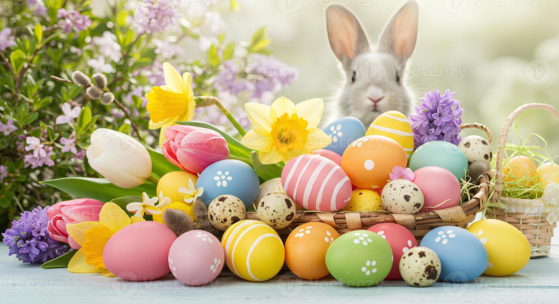 Happy Easter background with pastel-colored eggs, blooming flowers, and festive decorations to celebrate spring photo