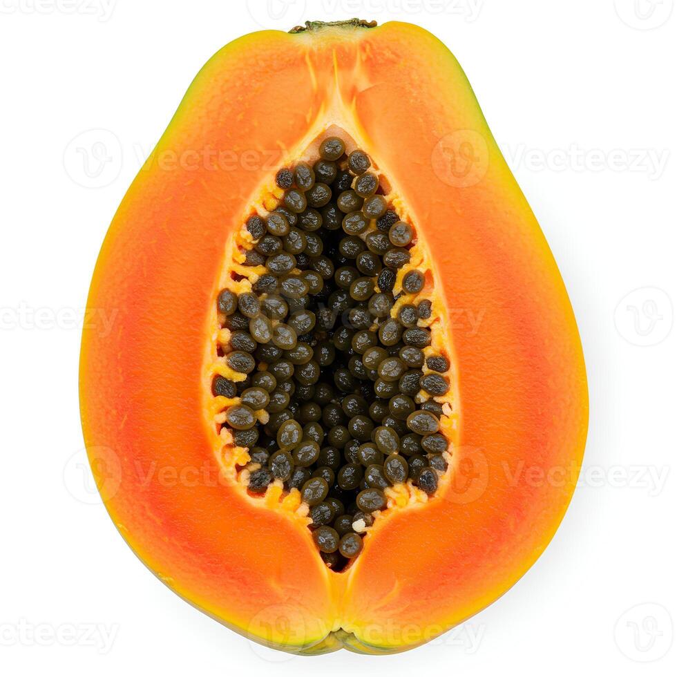 Sliced papaya with vibrant orange flesh placed on clean white background for organic fruit campaigns photo