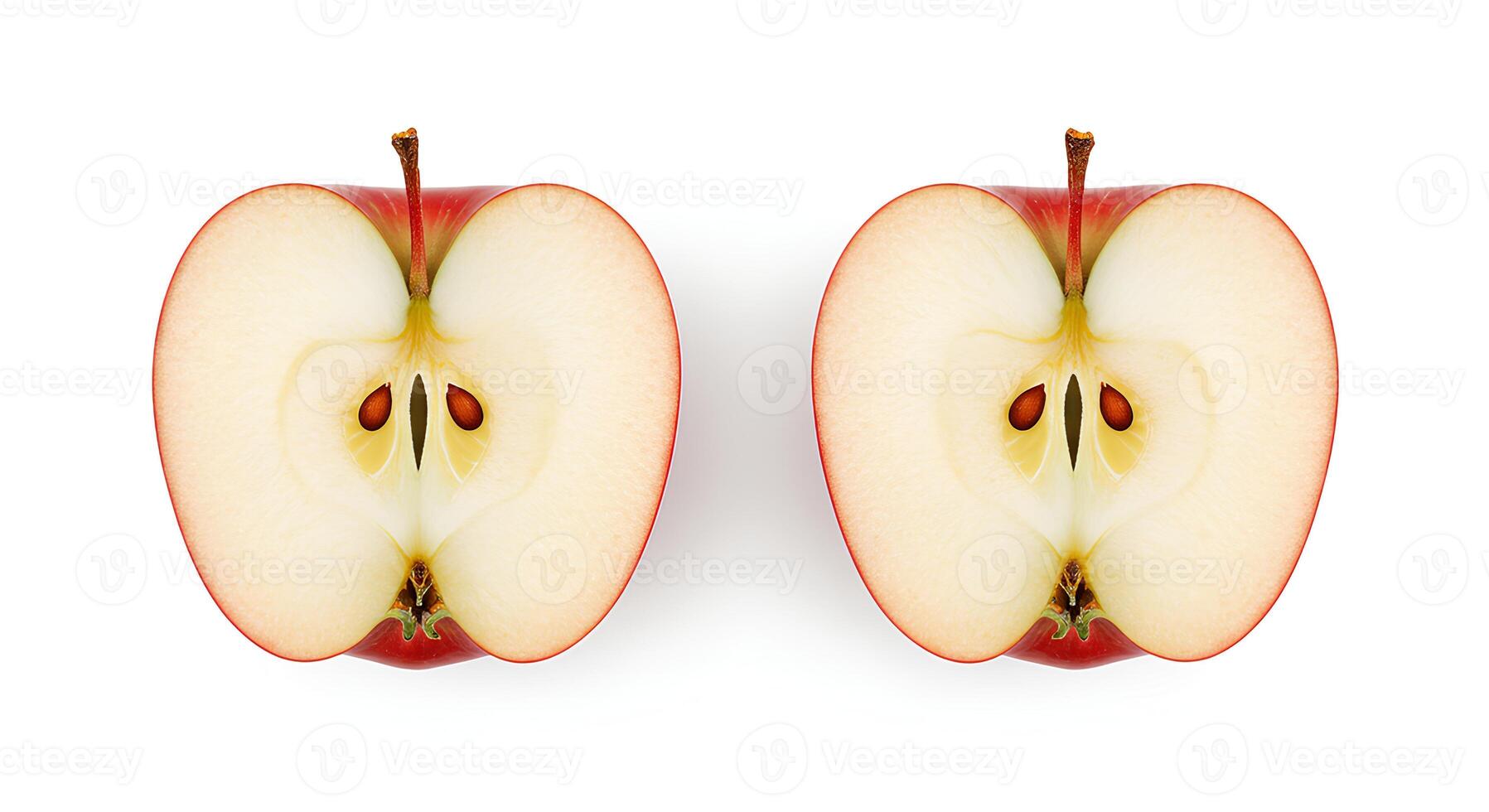 Organic red apple cut into slices and isolated with soft shadow for healthy food, detox plans, and vegan diet visuals photo