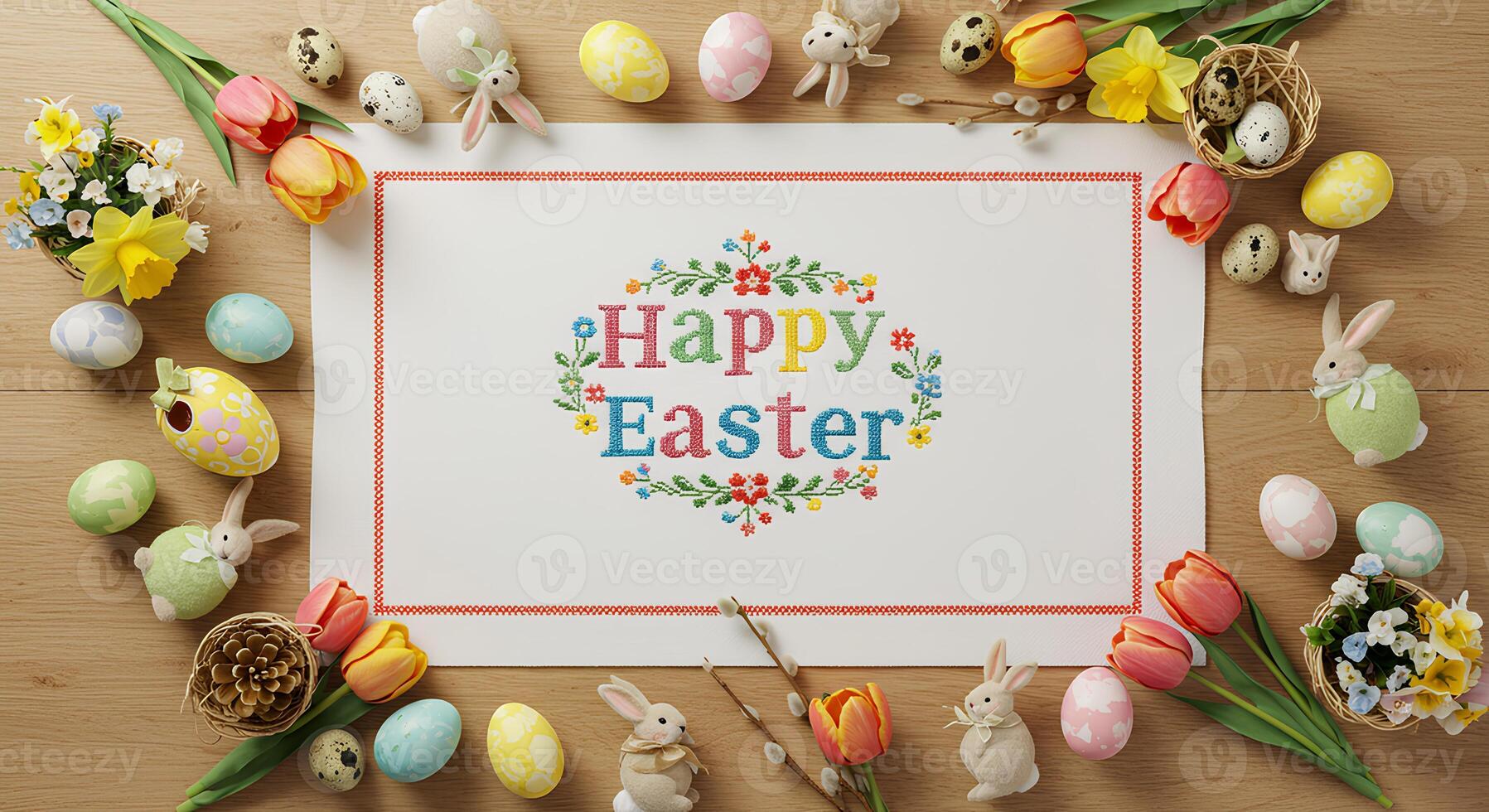 Bright and festive Happy Easter background with colorful eggs, fresh tulips, and a soft pastel color palette photo