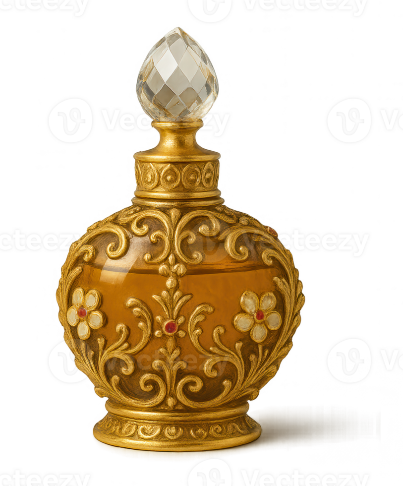 Ornate gold perfume bottle with transparent background png