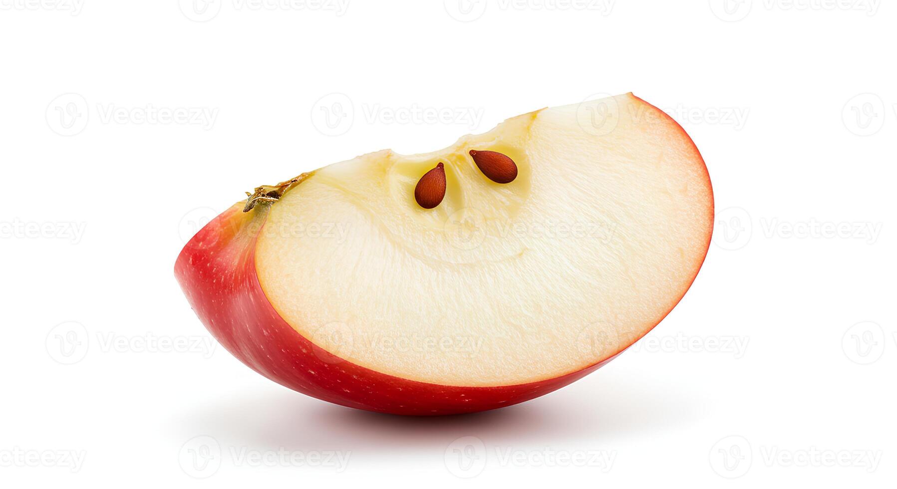 Red apple piece with glossy skin and juicy texture on white background with shadow for vegetarian recipes and fruit marketing photo