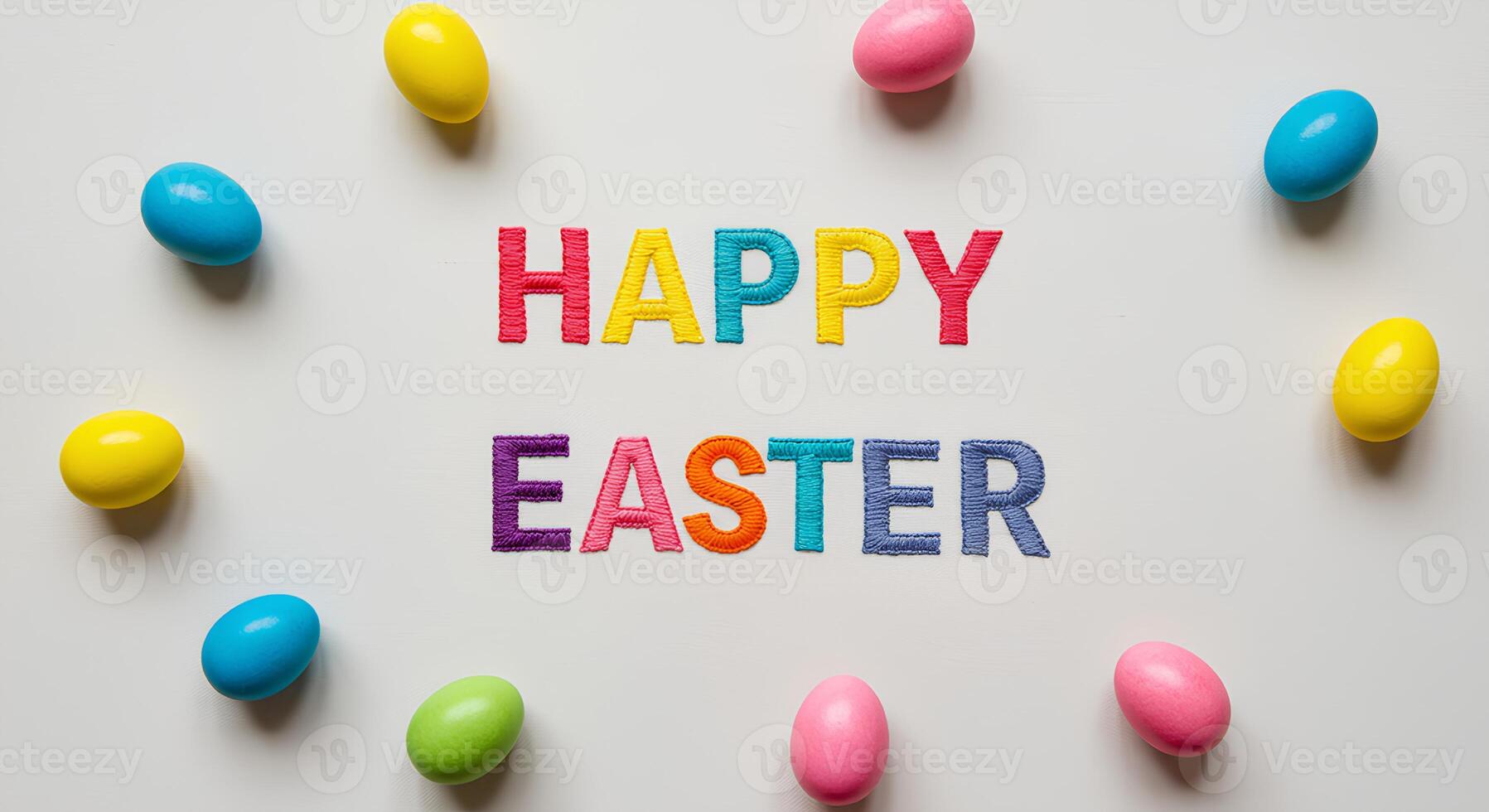 Happy Easter background with pastel-colored eggs, blooming flowers, and festive decorations to celebrate spring. Easter holiday background featuring a cheerful flat lay of decorated eggs, bunny ears photo