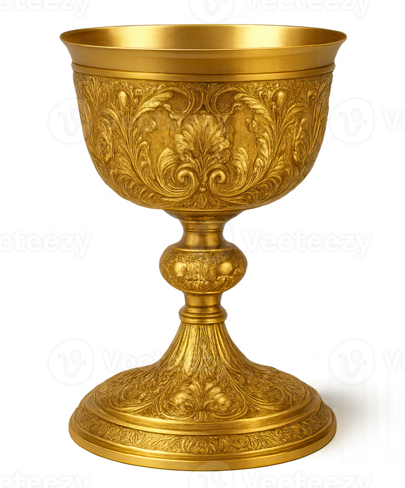 Golden chalice with floral decorations on transparent background png