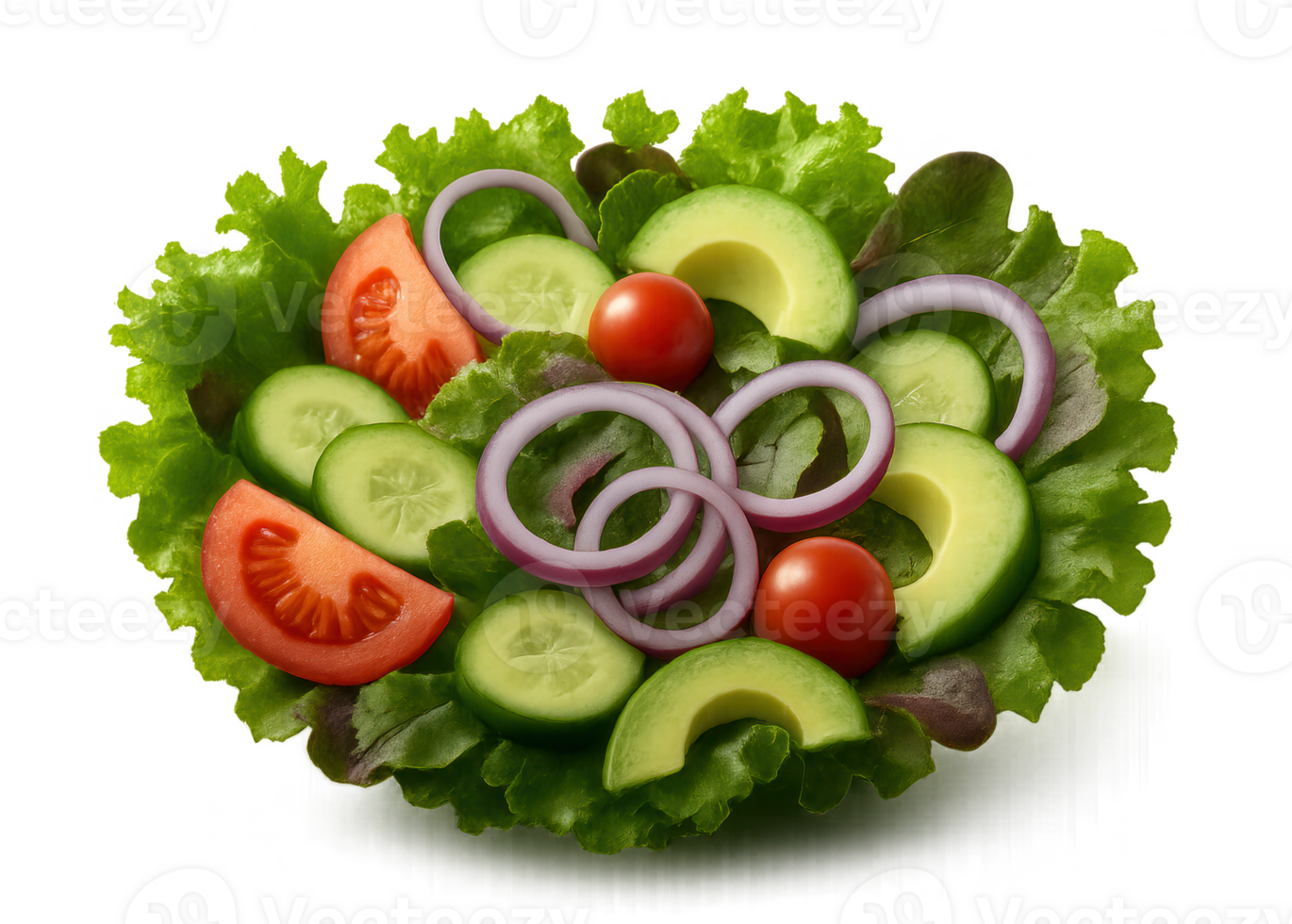 Fresh salad with lettuce, tomato, cucumber, avocado and red onion on transparent background png