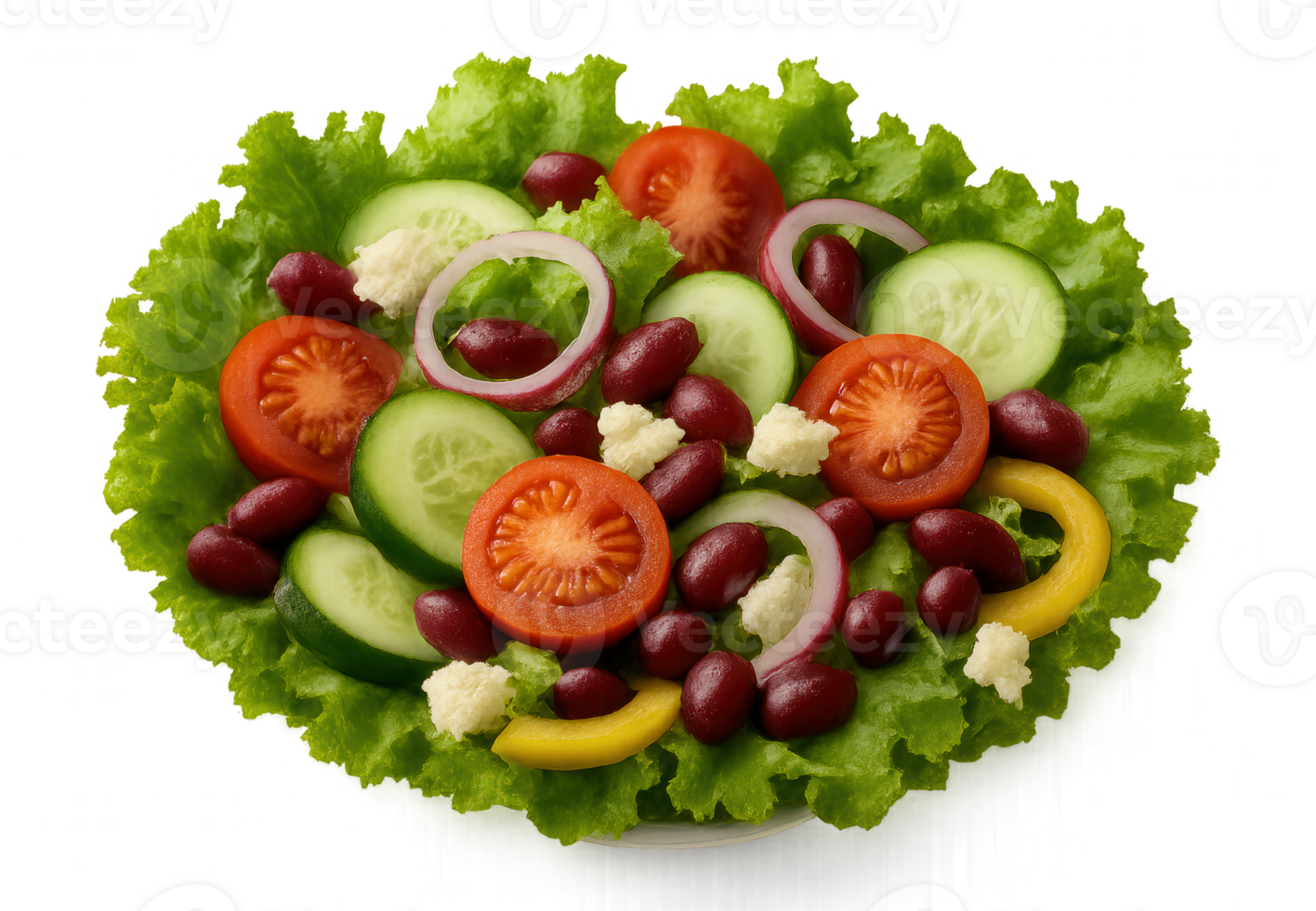 Fresh Salad with Lettuce, Tomatoes, Cucumbers, Beans, Onions, and Croutons on Transparent Background png