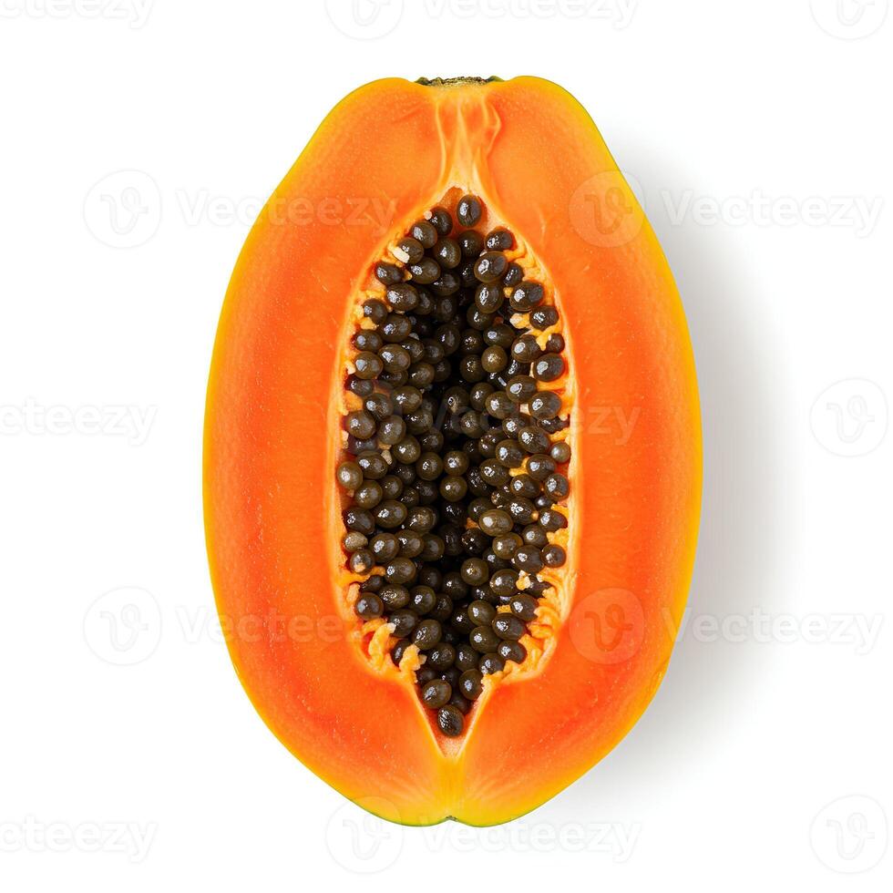 papaya fruit isolated on white background with shadow. tropical papaya fruit sliced in half top view flat lay photo