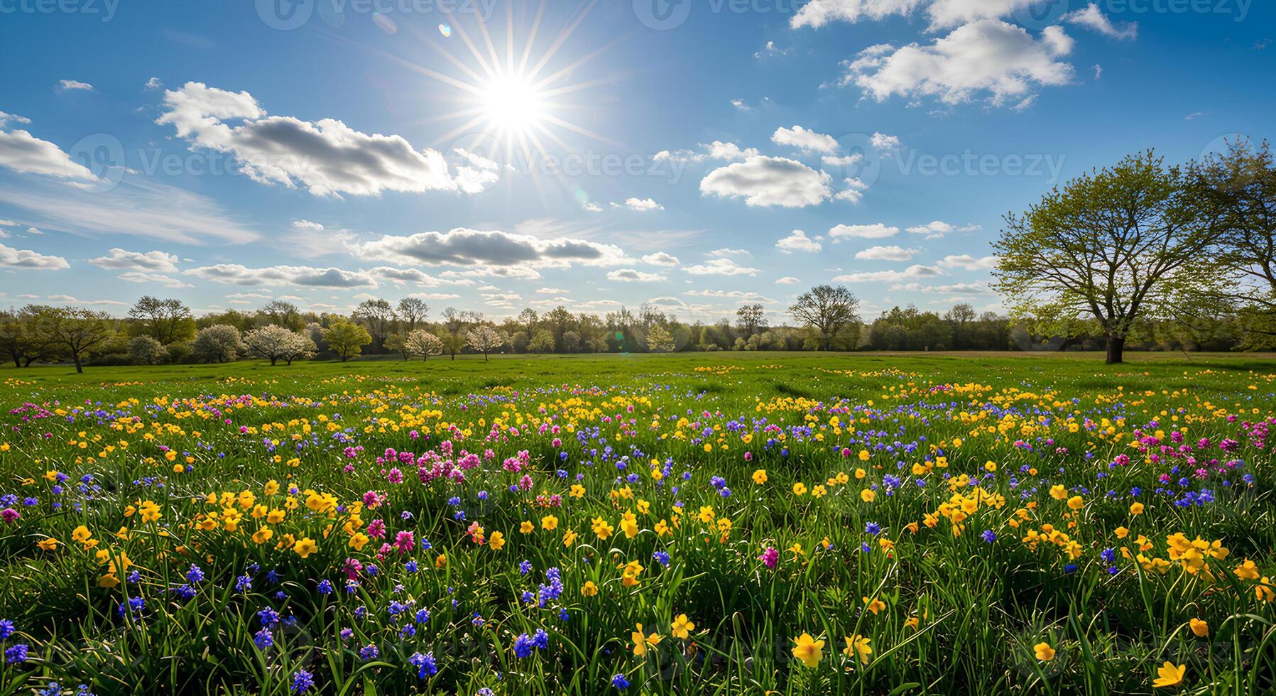 Bright blue sky with warm sunshine over a lush green field during springtime, symbolizing renewal and natures awakening. Clear spring sky with radiant sun shining down on a vibrant green field photo