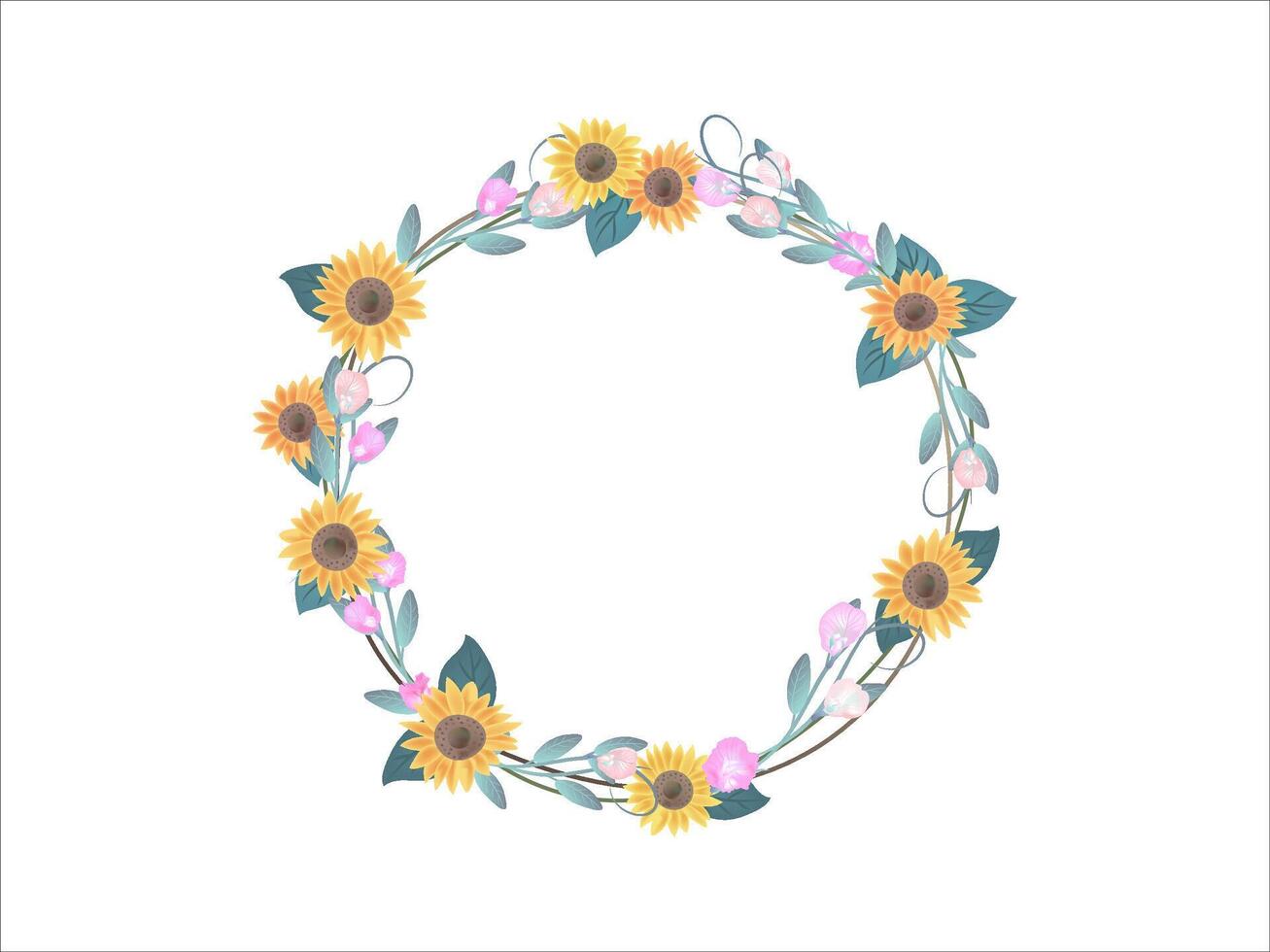 blooming sunflower with leave floral frame on white background vector