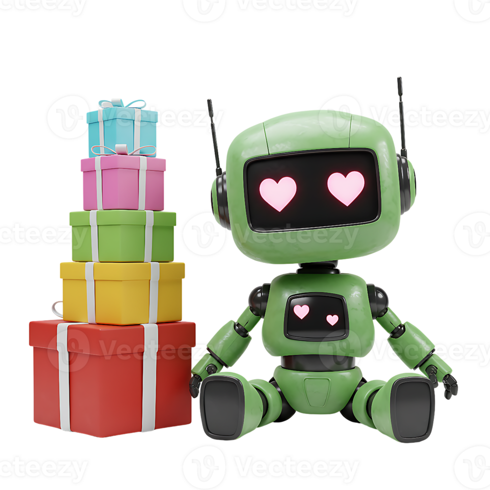 A green robot with a heart on its face sitting next to a stack of presents png