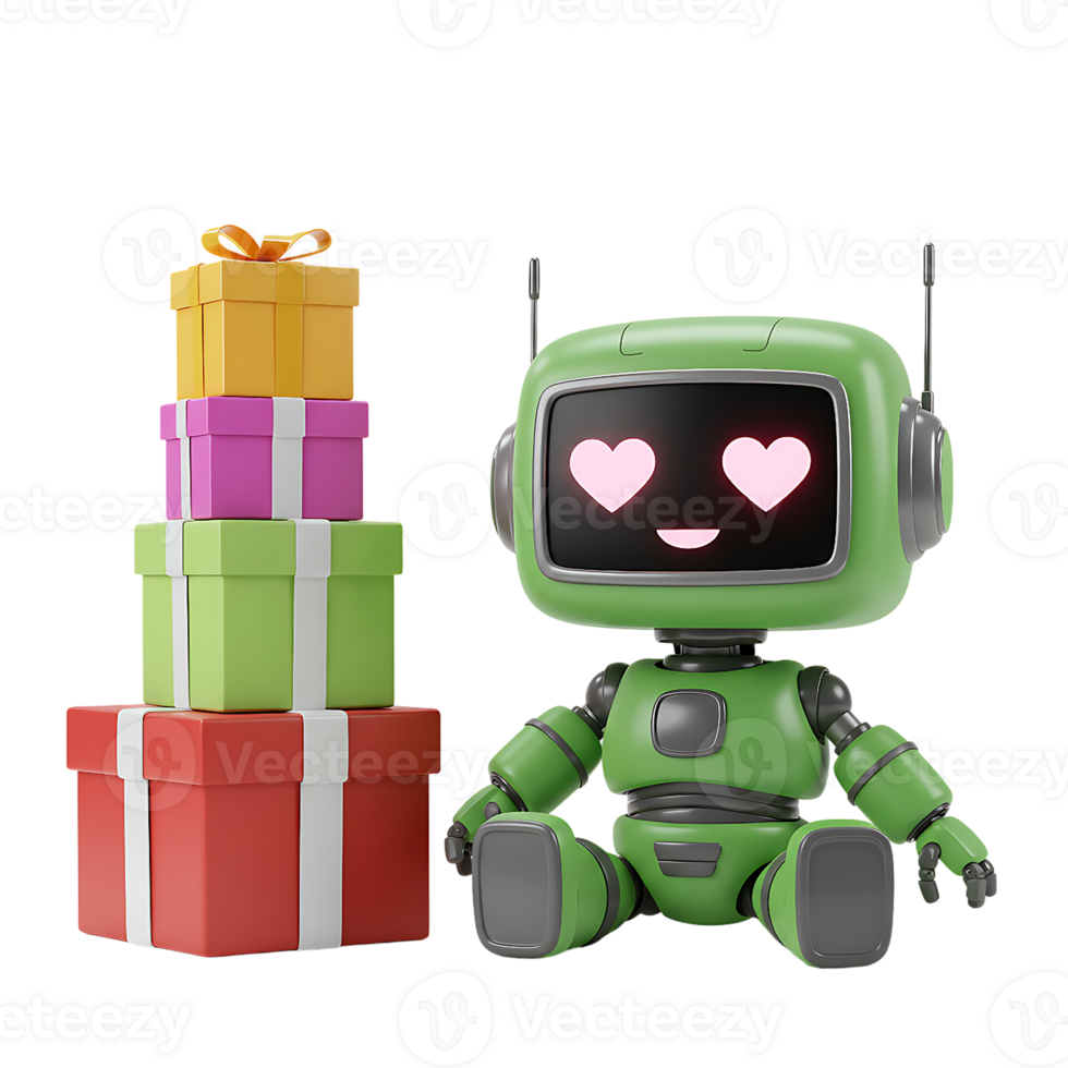 A green robot with a heart on its face next to a stack of presents png