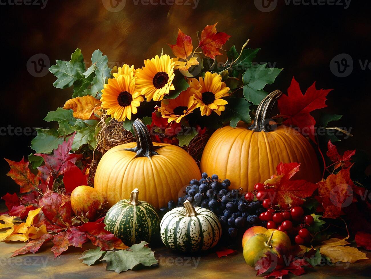 Autumn harvest still life with pumpkins and flowers photo