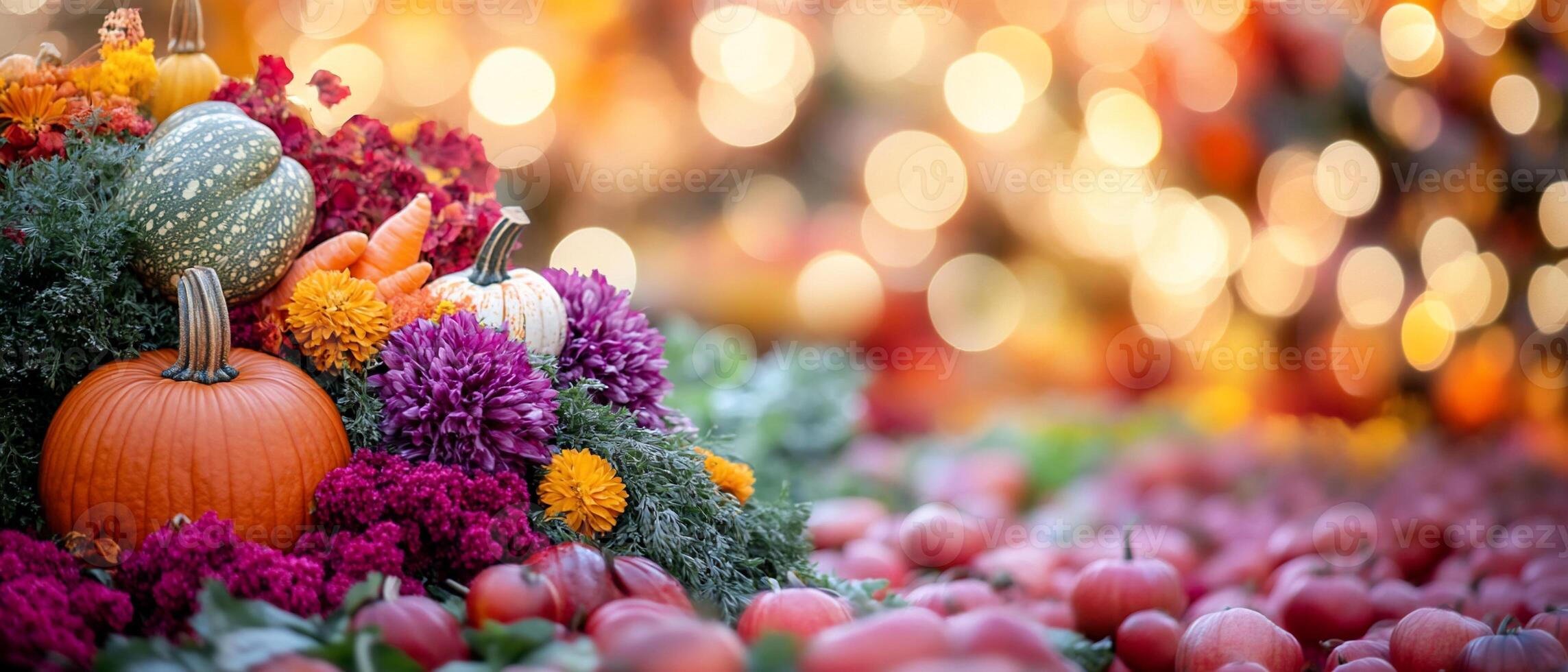 Autumn harvest display with pumpkins, flowers, and apples photo