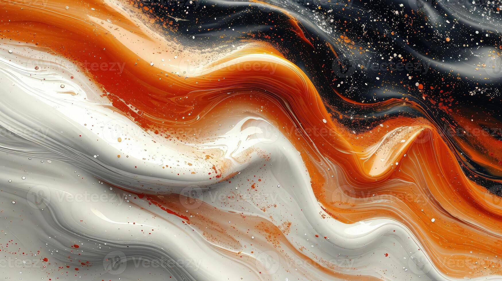 An abstract painting with orange, black and white paint photo