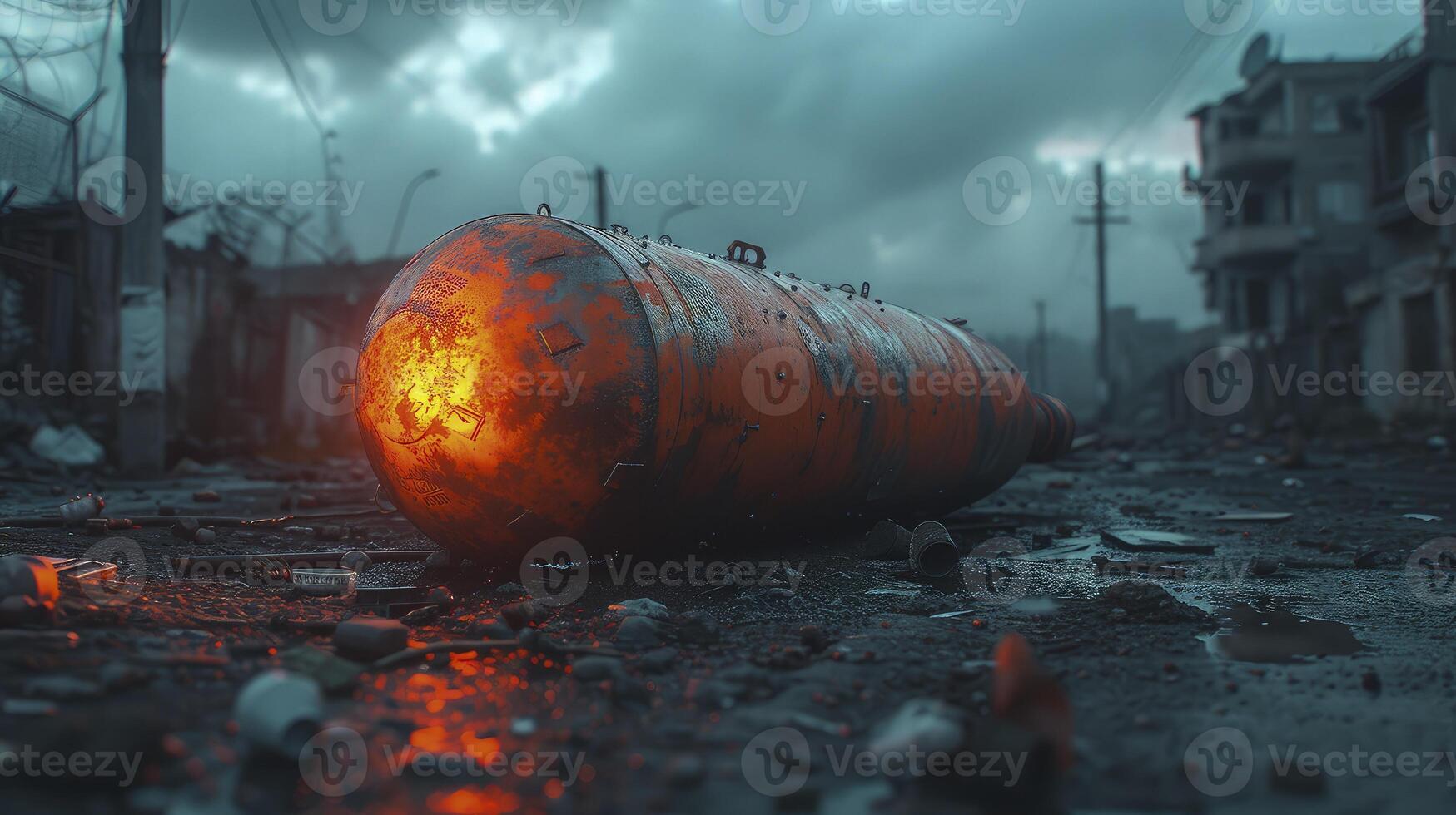 A large orange object sitting on the ground in a city photo