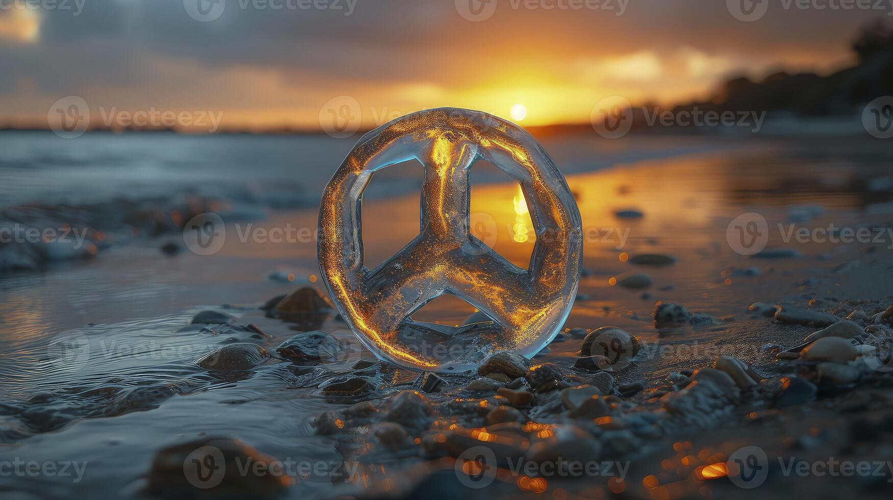 A peace sign is shown on the beach at sunset photo