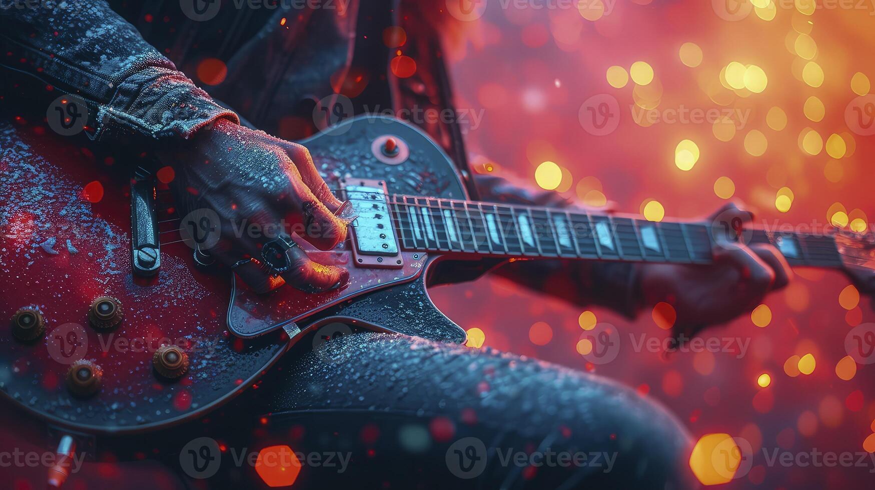 A man with a guitar playing in front of a red light photo