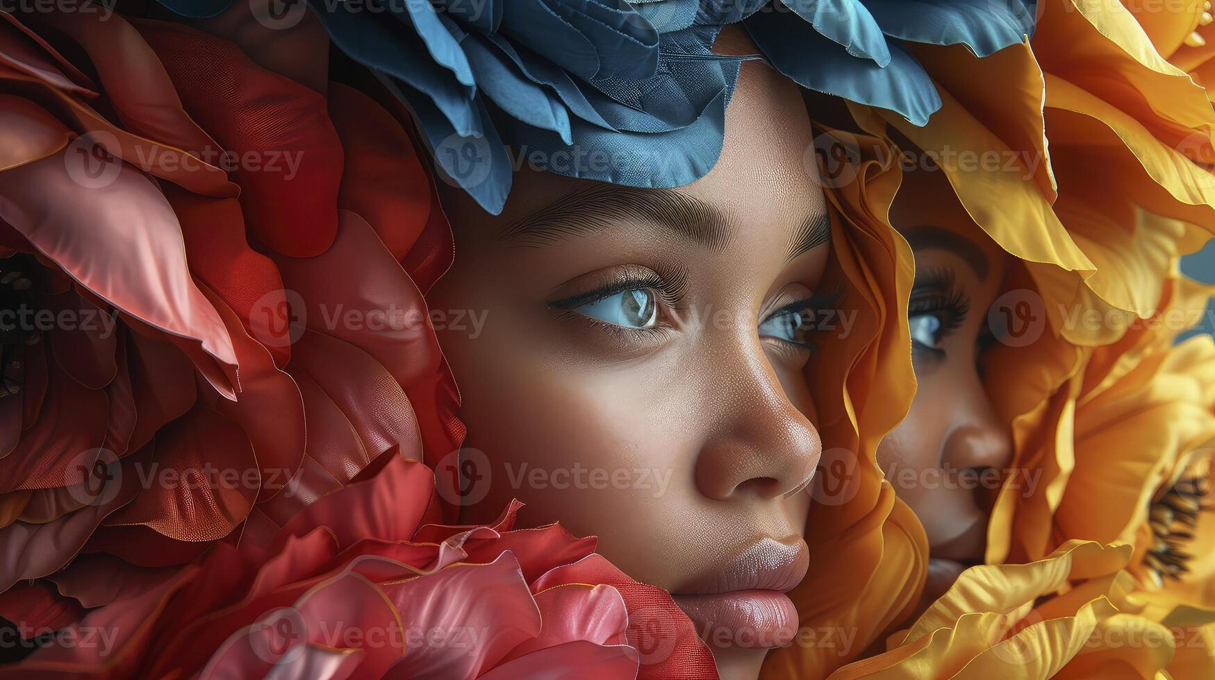 A woman with blue eyes and flowers in her hair photo