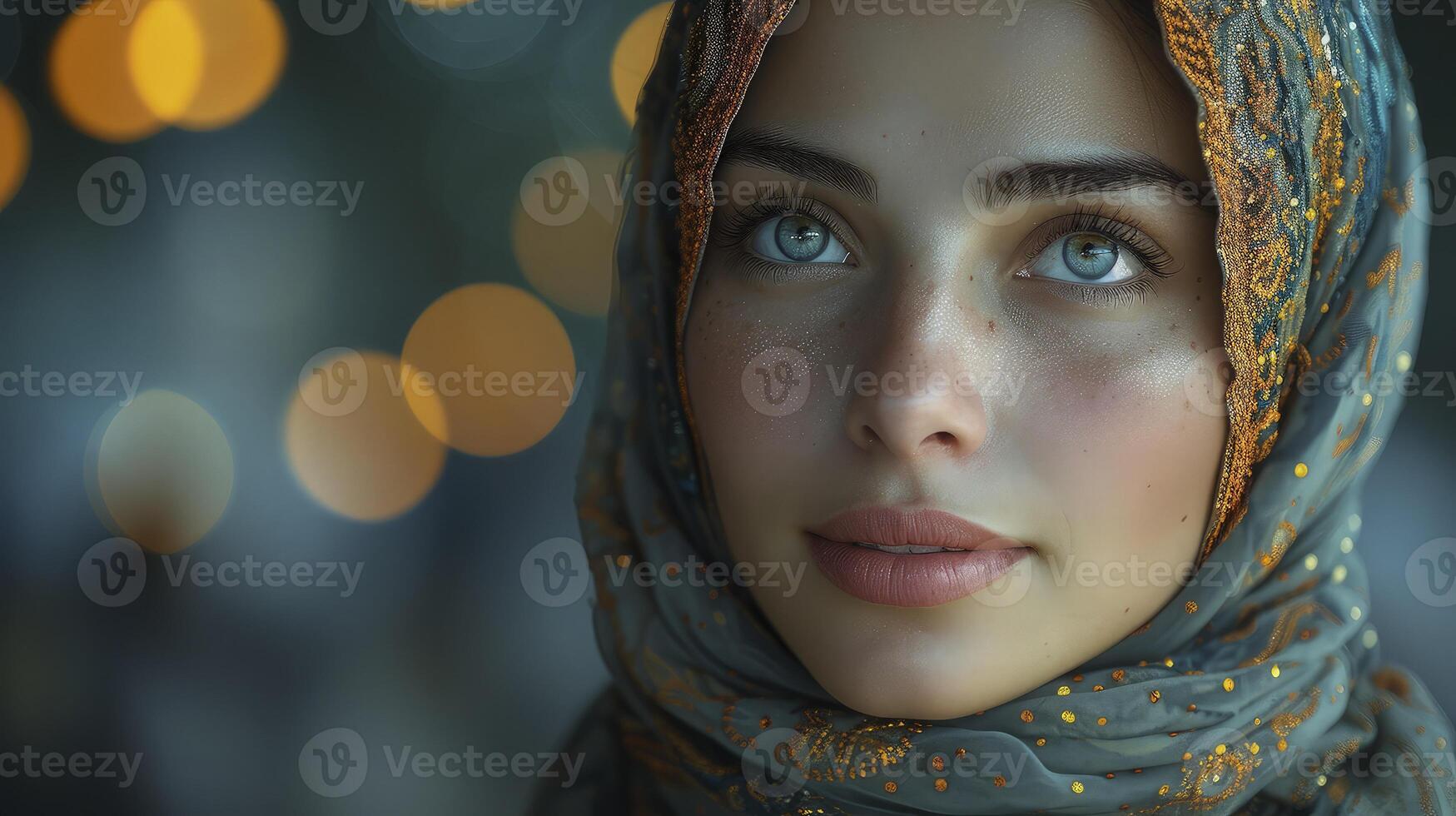 A woman wearing a headscarf and looking to the side photo