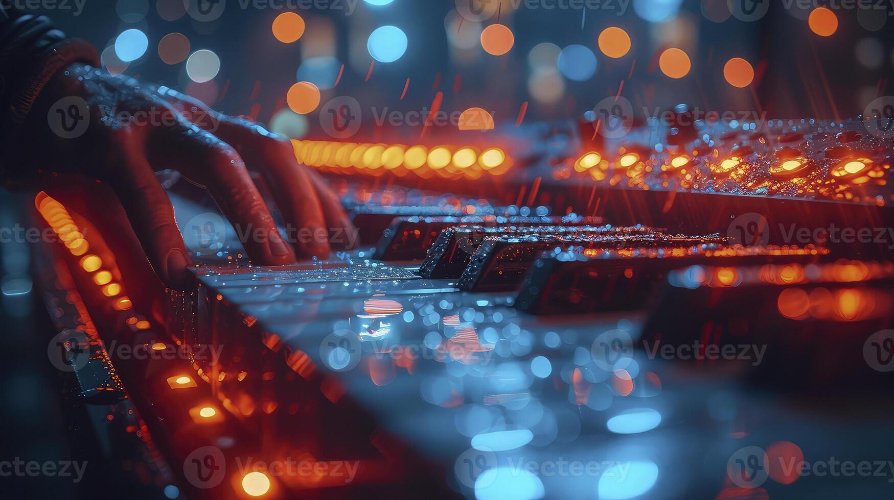 A person playing an electronic keyboard with lights on it photo