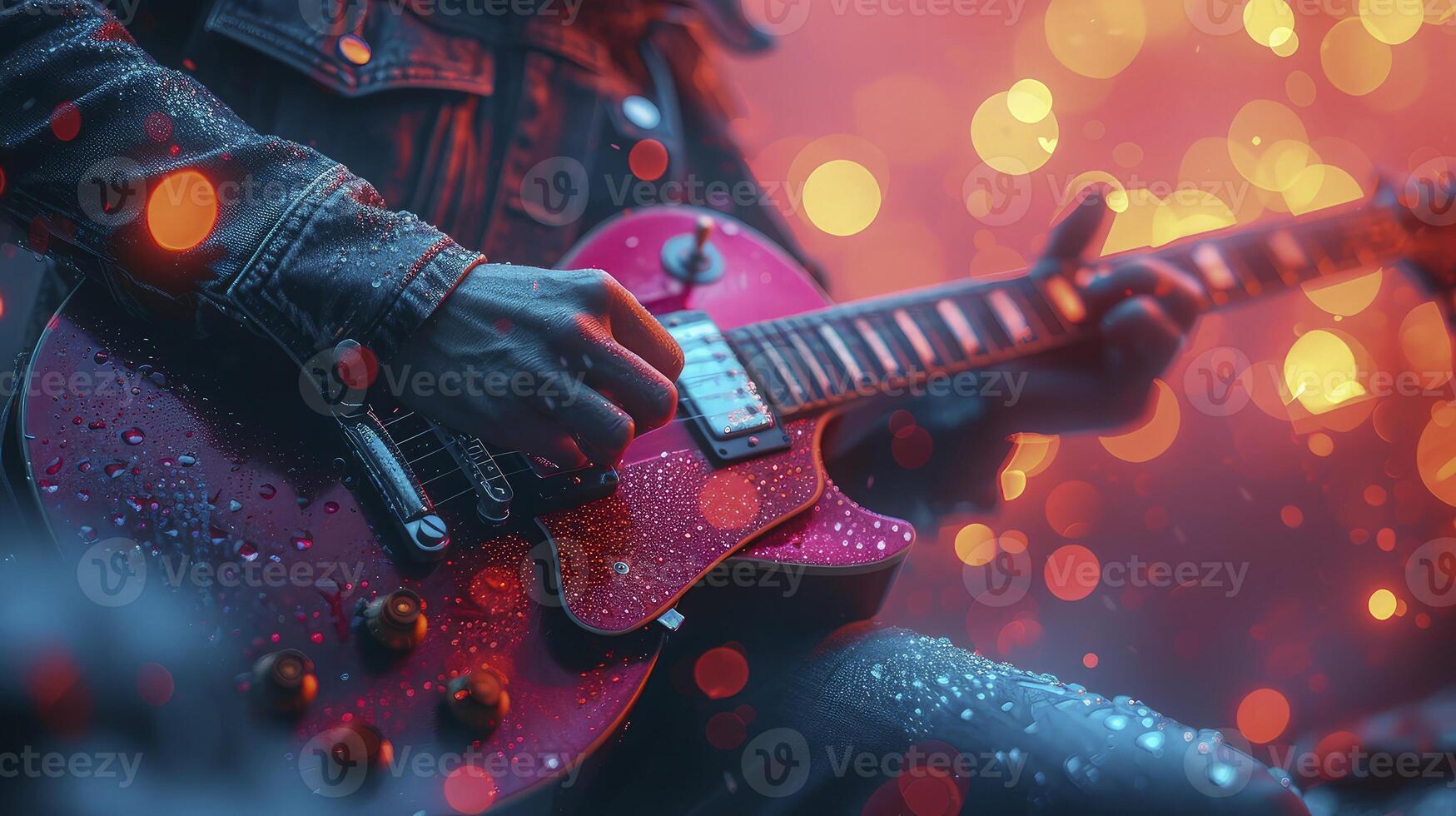 A person playing an electric guitar in front of a blurry background photo