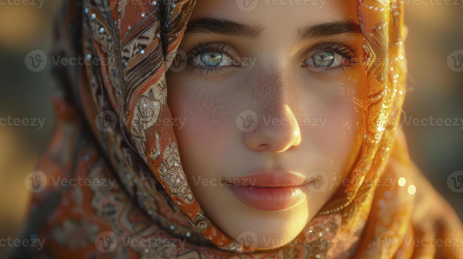 A close up of a woman wearing a headscarf photo