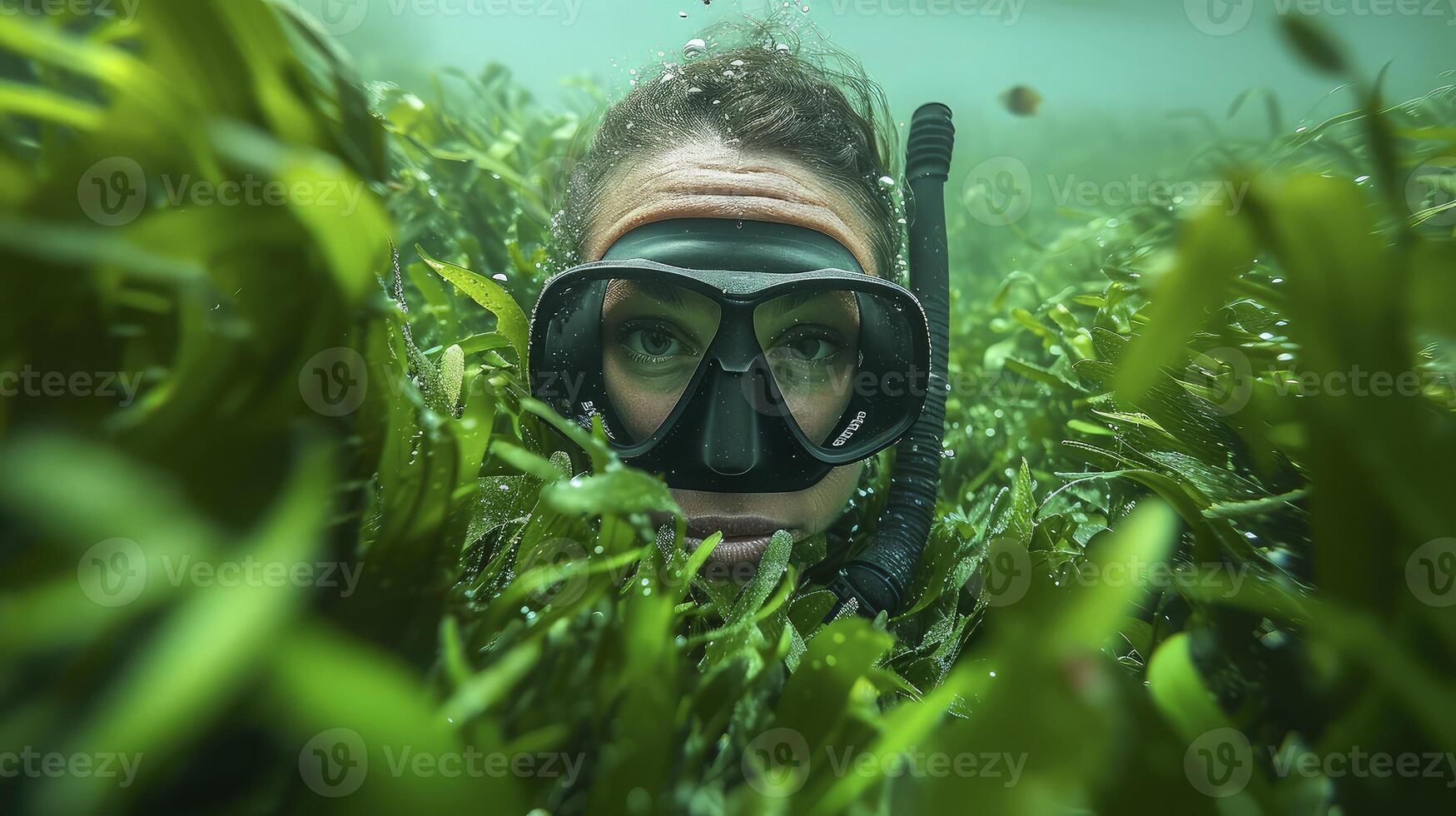 A woman wearing a scuba mask and snorgles in the grass photo