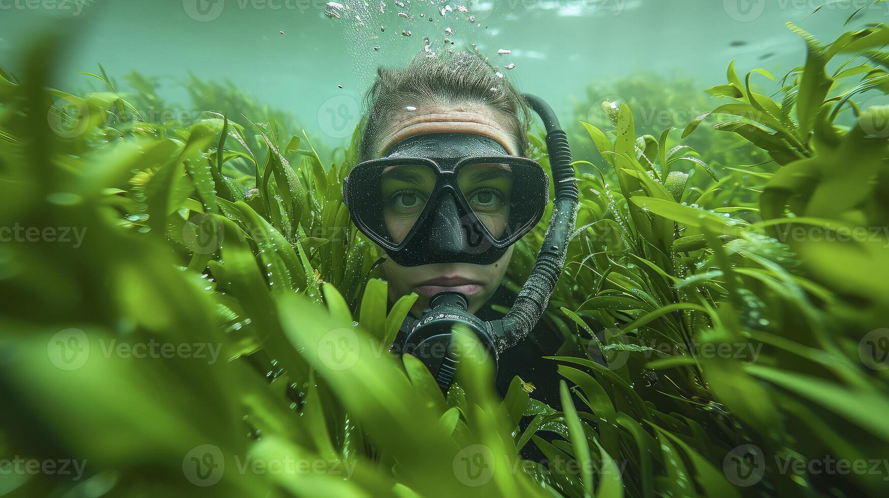A man wearing a scuba mask and snorkel in the grass photo