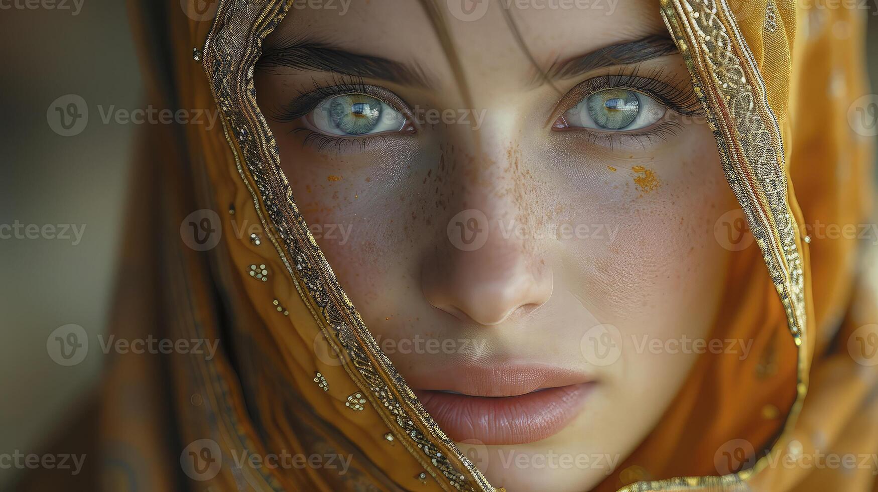 A woman with blue eyes and a yellow headscarf photo