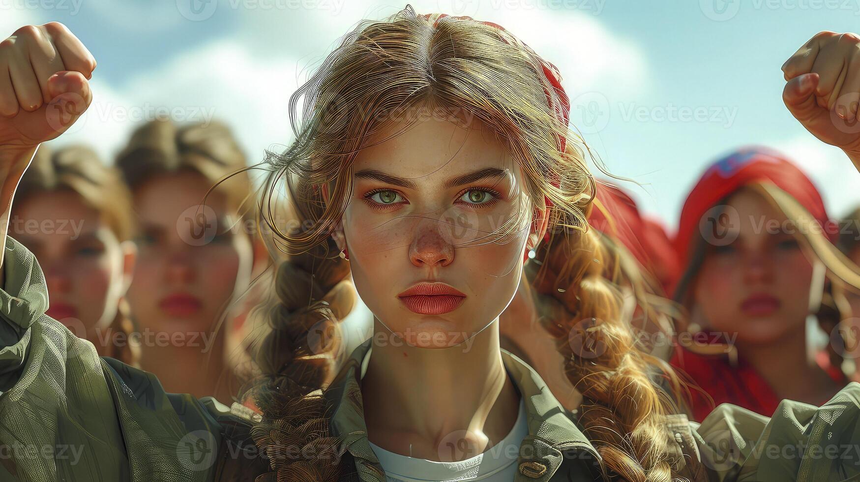 A woman with braids in her hair and a red shirt photo