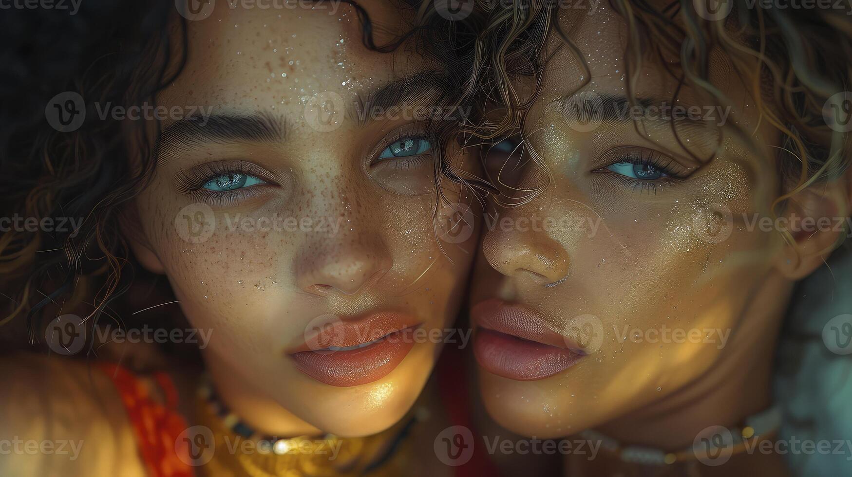 Two women with blue eyes and freckles photo