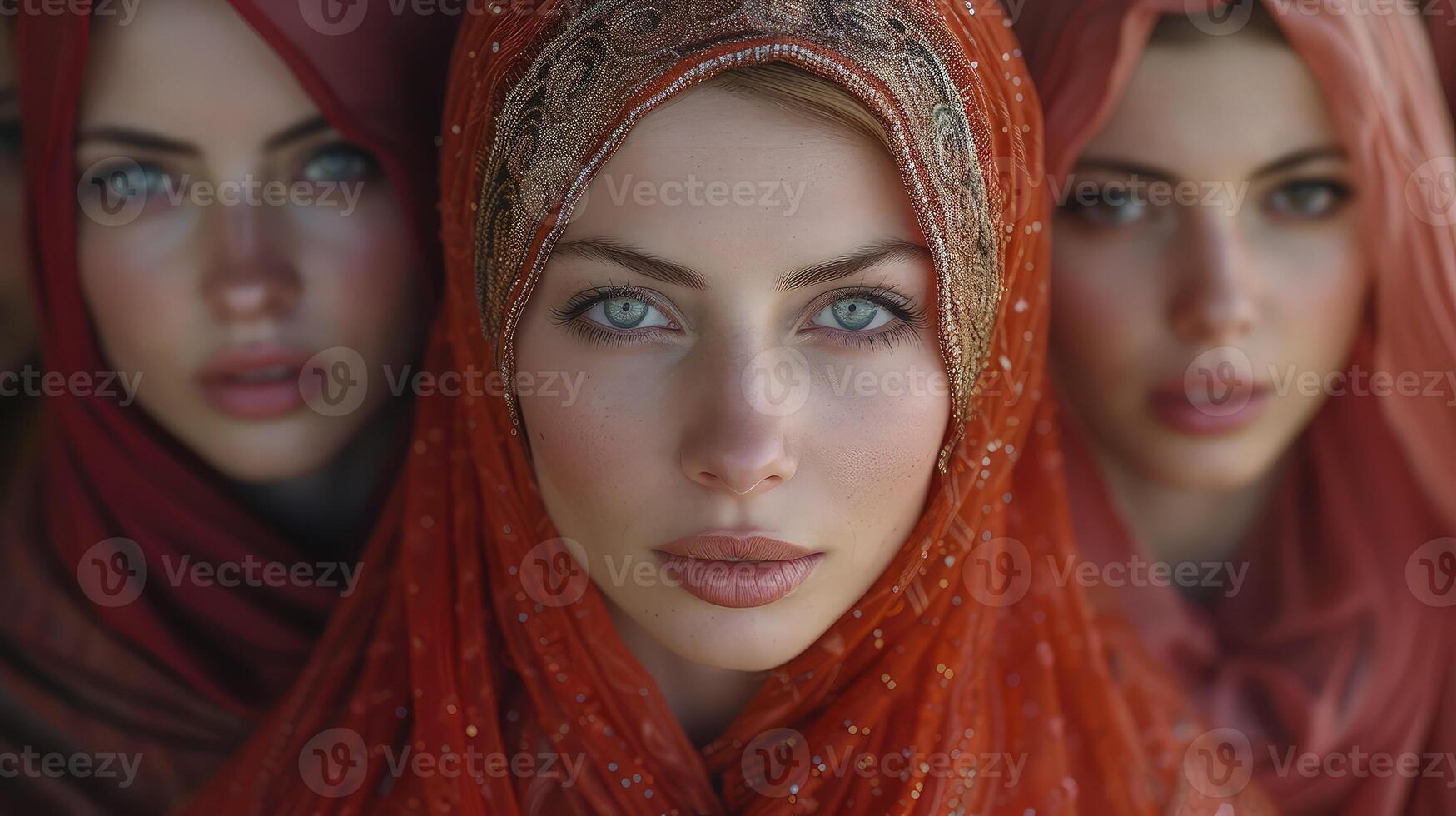 Three women wearing red headscarves photo