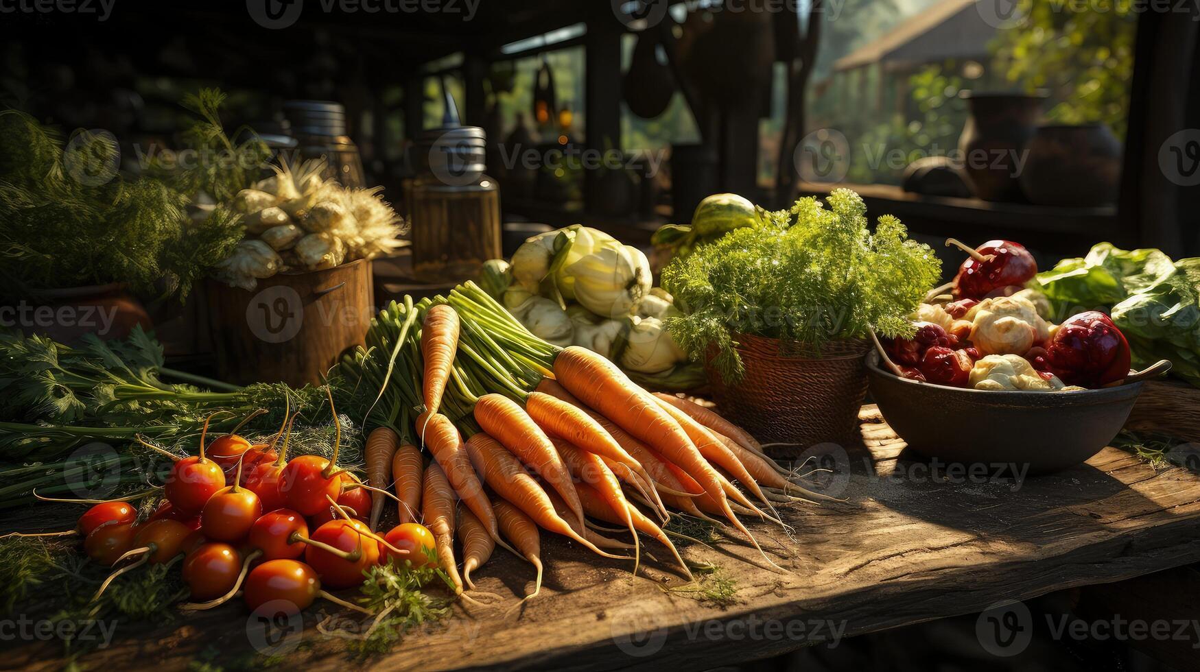Vegetables and fruits on a table in a barn photo