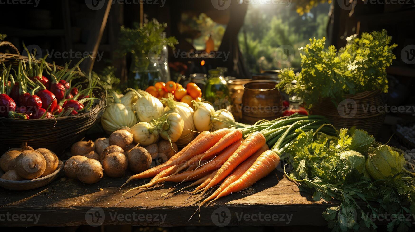 Fresh vegetables are displayed on a table photo