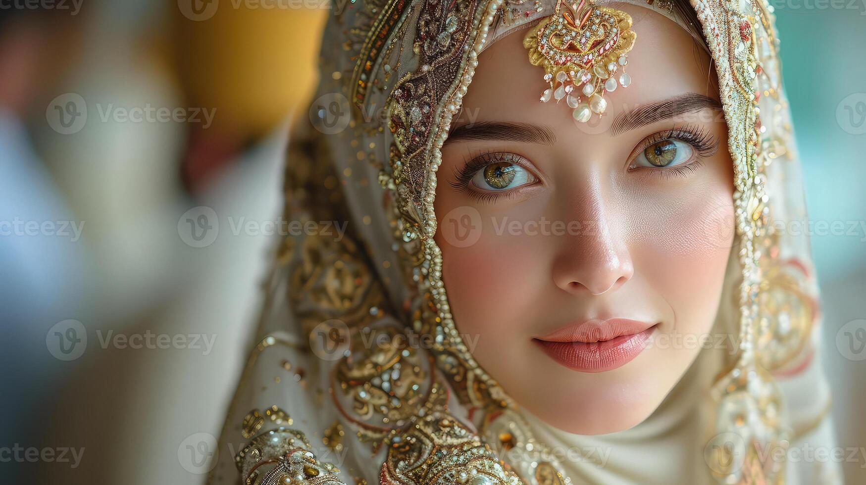 A beautiful woman wearing a headscarf and gold jewelry photo