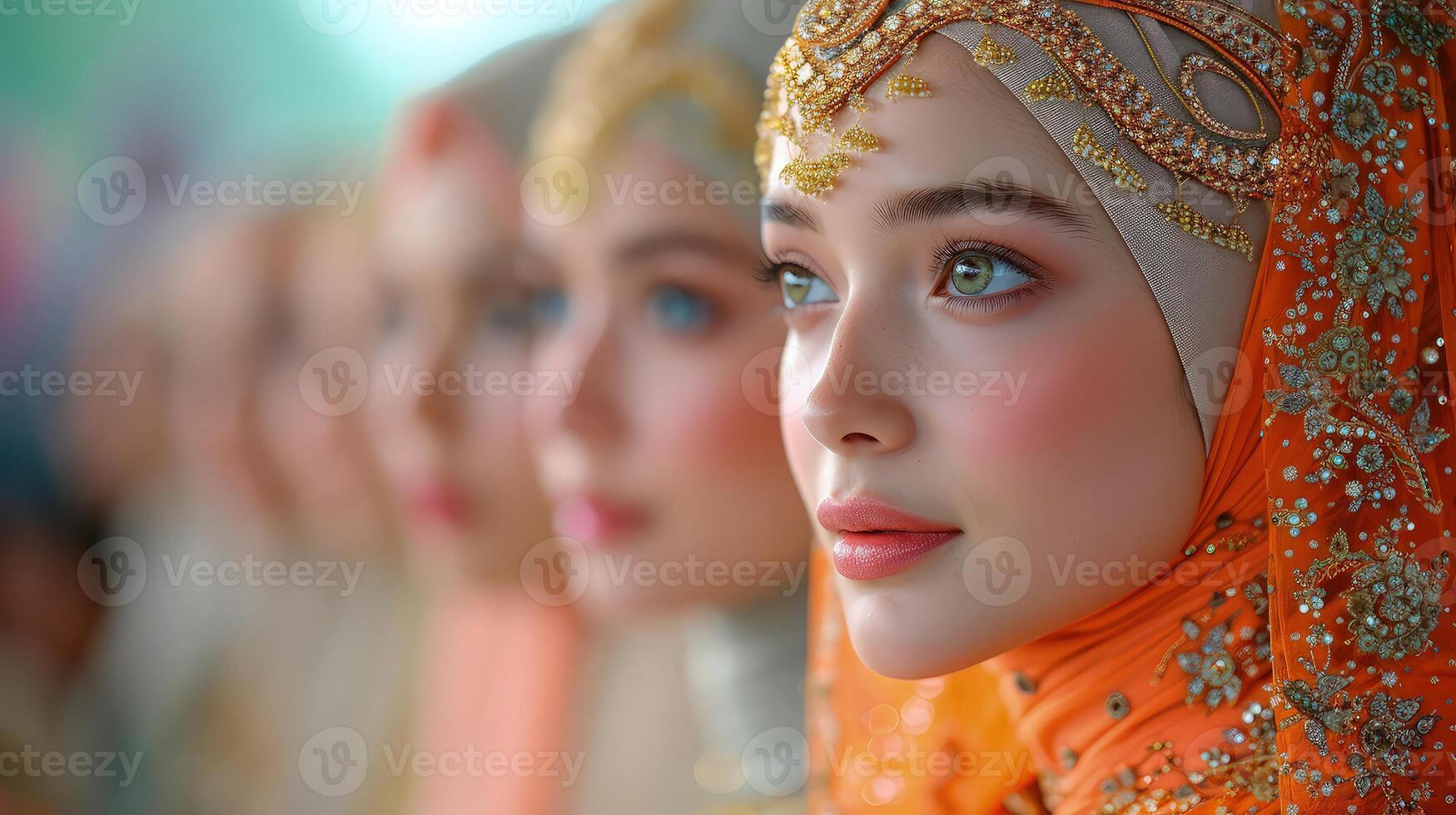 Beautiful muslim women wearing orange headscarves photo