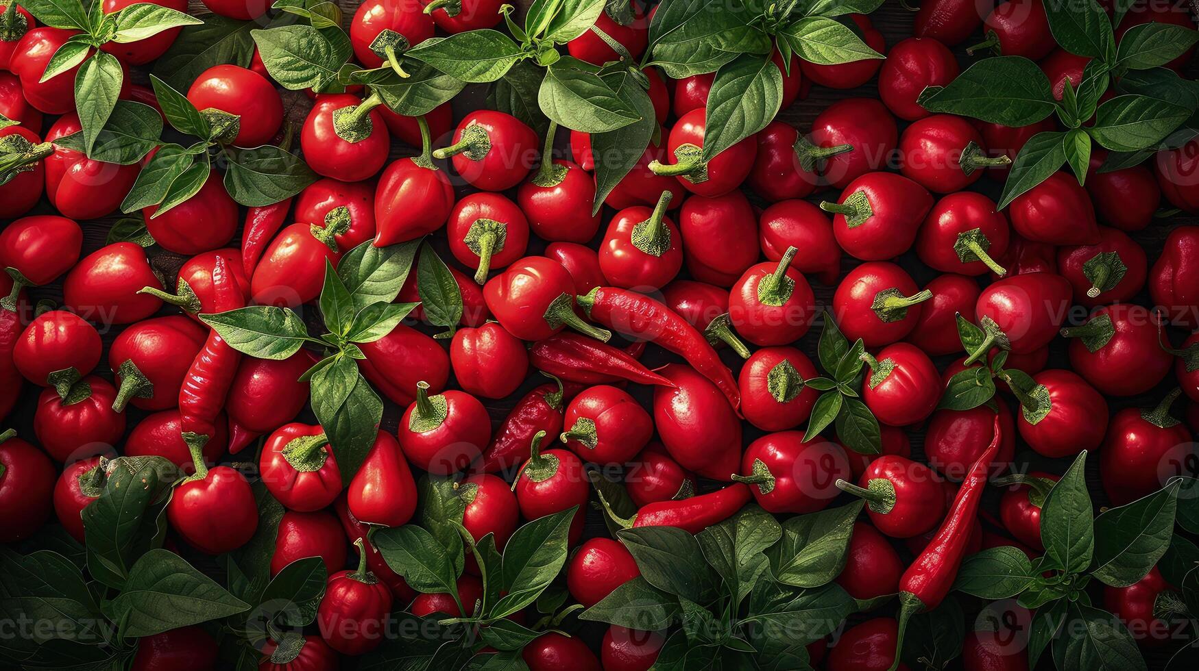 A large group of red peppers and leaves photo