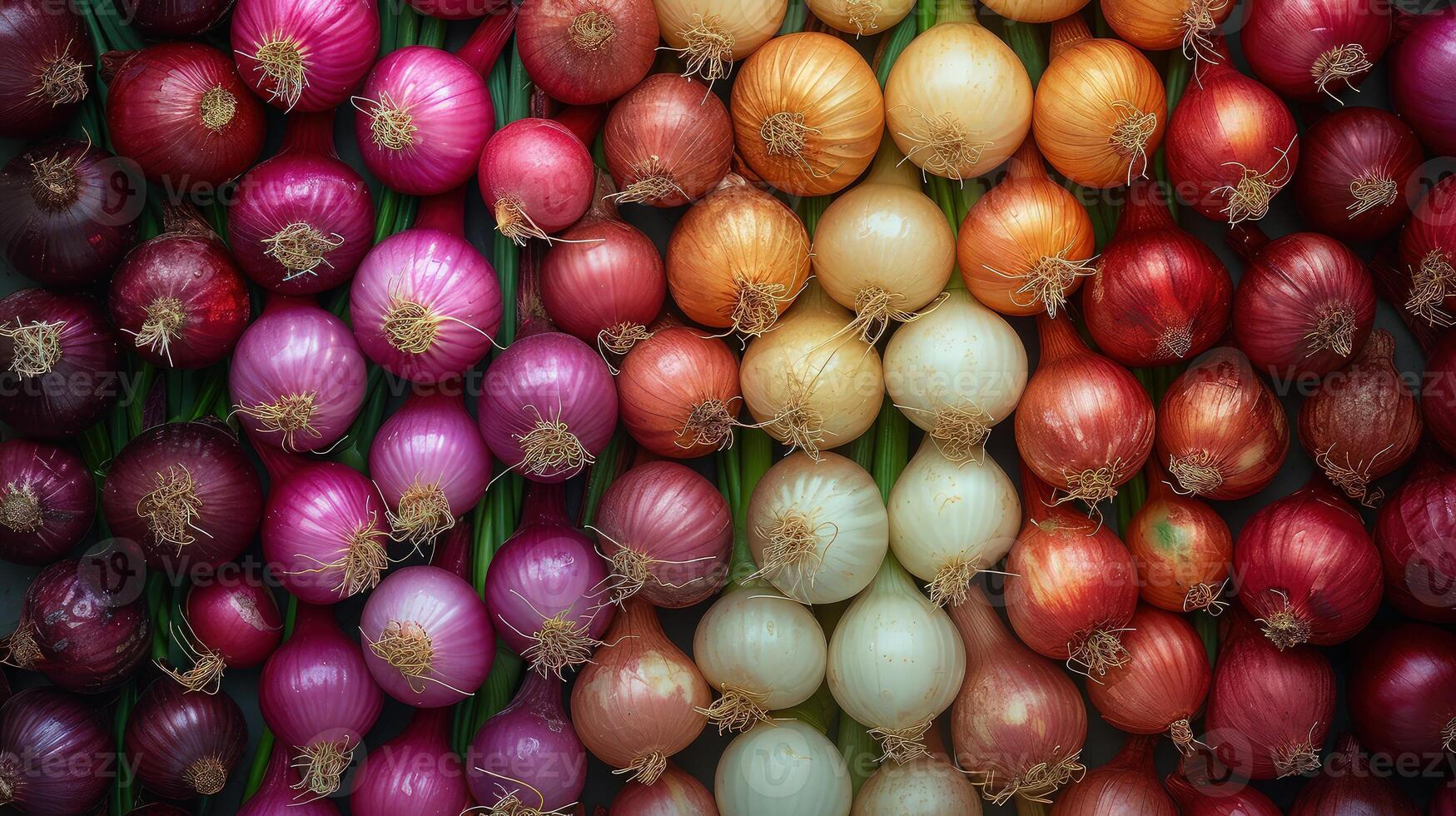 A rainbow of onions in a display photo